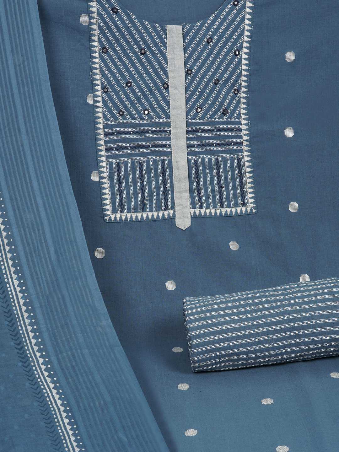 3-piece unstitched suit set featuring a dobby butti top with delicate handwork and striped yoke.(Blue)
