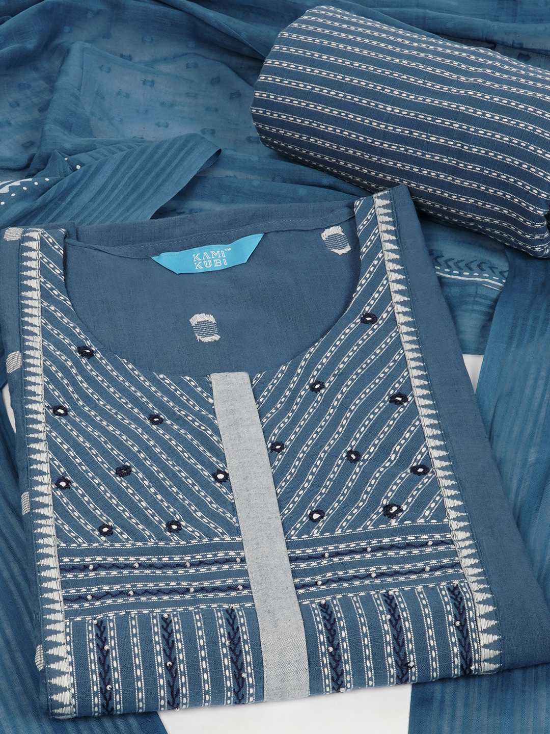 3-piece suit set featuring a dobby butti top with delicate handwork and striped yoke.(Blue)