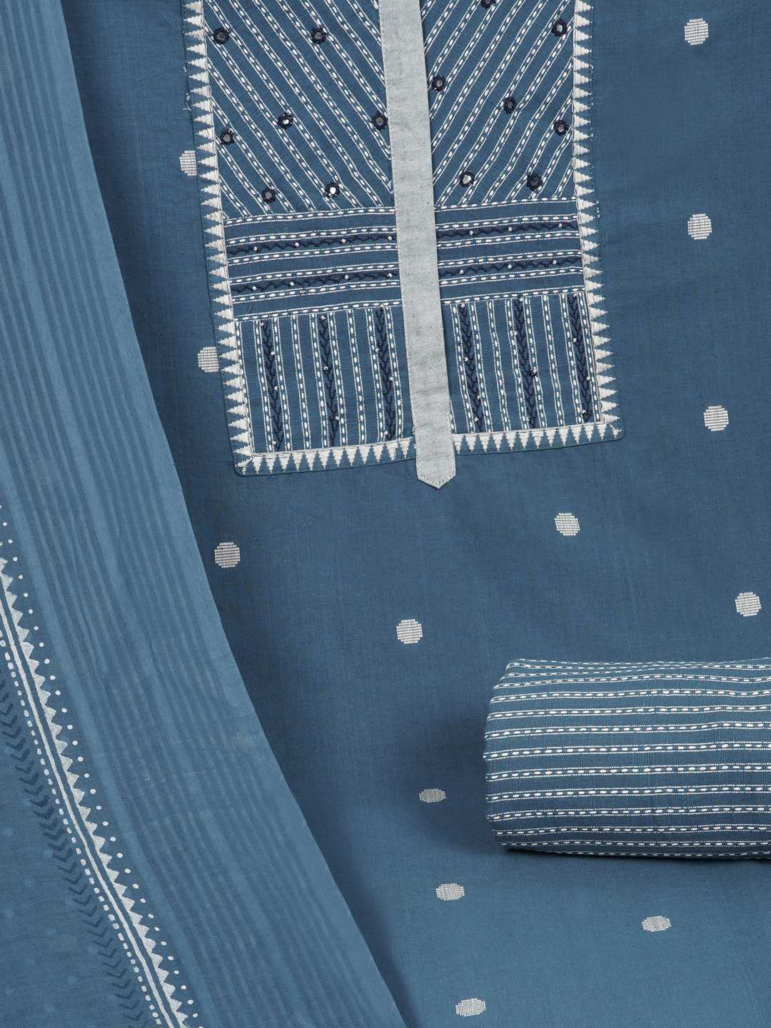 3-piece suit set featuring a dobby butti top with delicate handwork and striped yoke.(Blue)