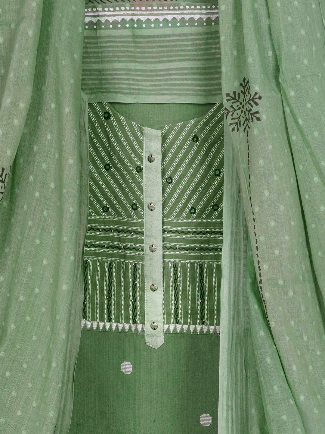 3-piece unstitched suit set featuring a dobby butti top with delicate handwork and striped yoke.(Green)