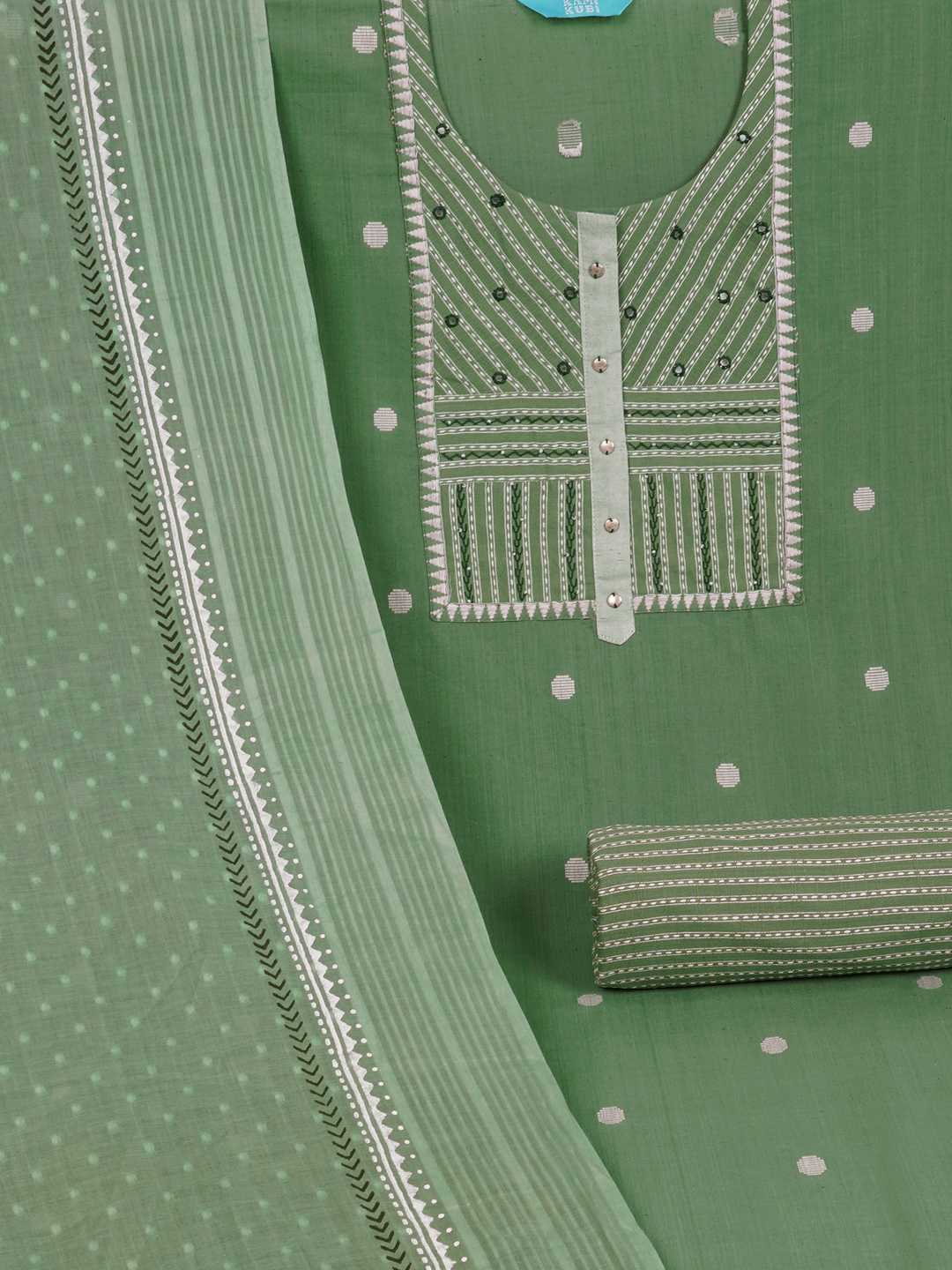 3-piece unstitched suit set featuring a dobby butti top with delicate handwork and striped yoke.(Green)