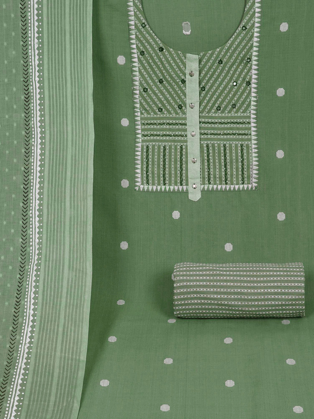3-piece unstitched suit set featuring a dobby butti top with delicate handwork and striped yoke.(Green)