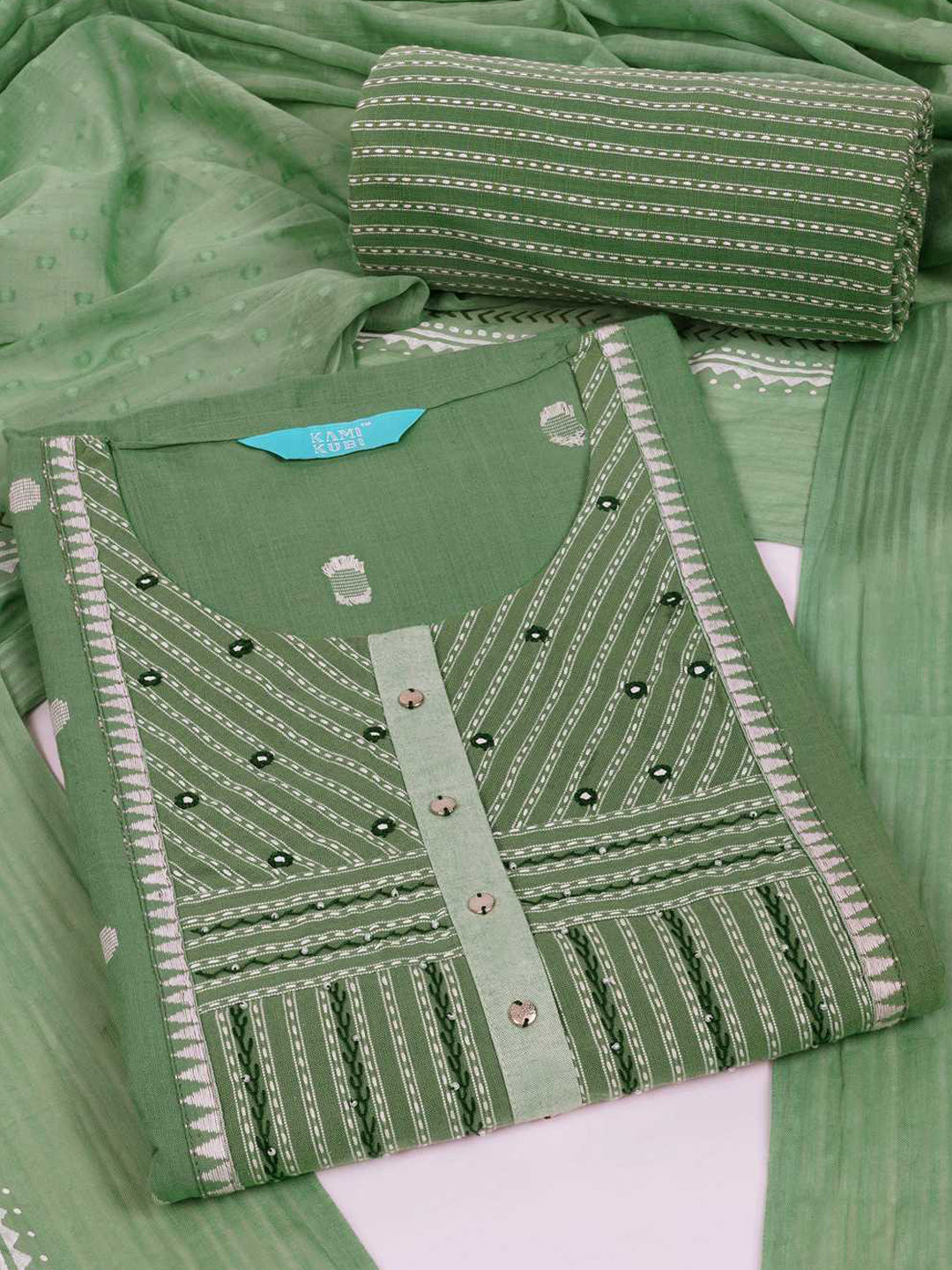 3-piece suit set featuring a dobby butti top with delicate handwork and striped yoke.(Green)