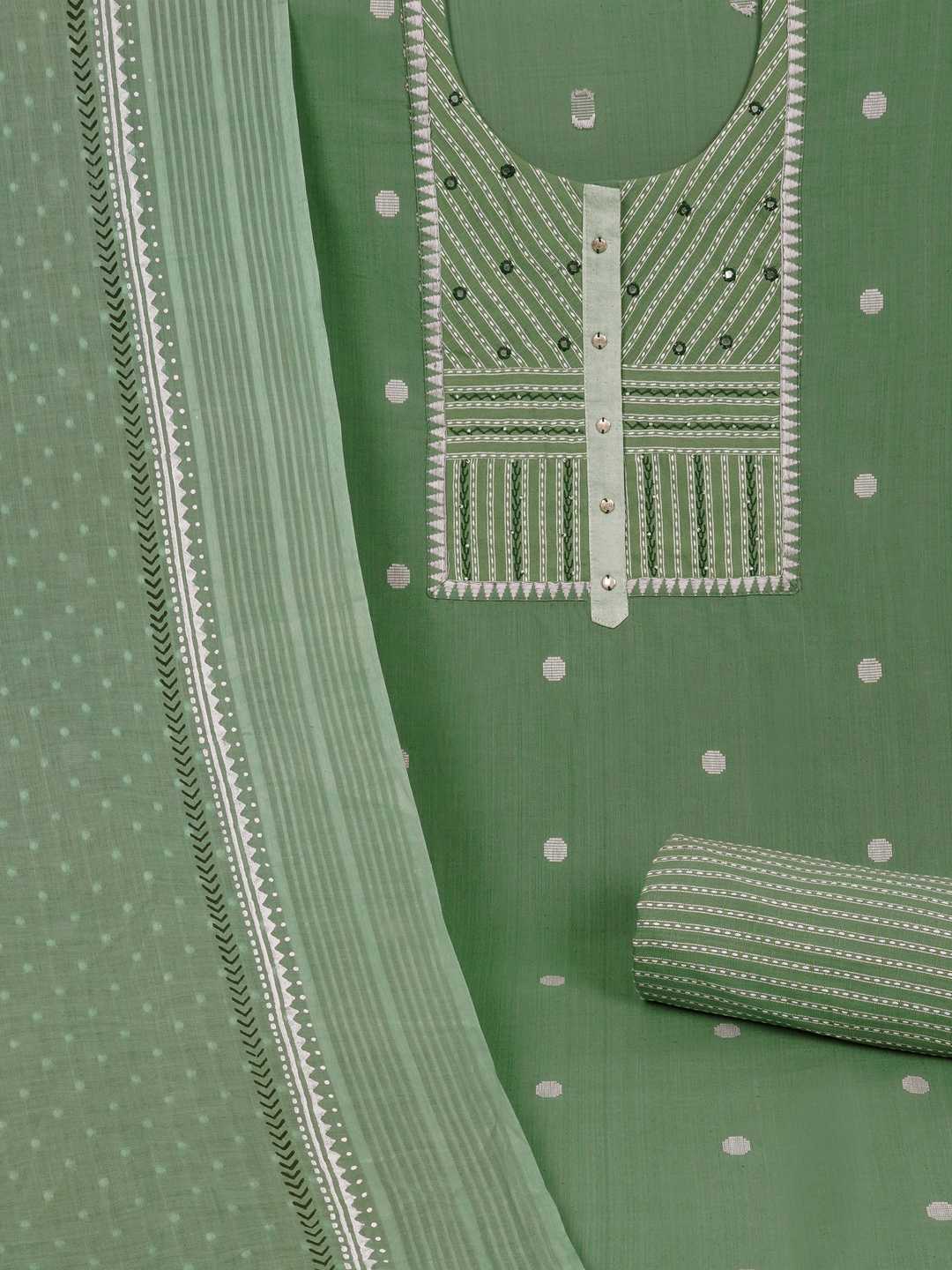 3-piece unstitched suit set featuring a dobby butti top with delicate handwork and striped yoke.(Green)