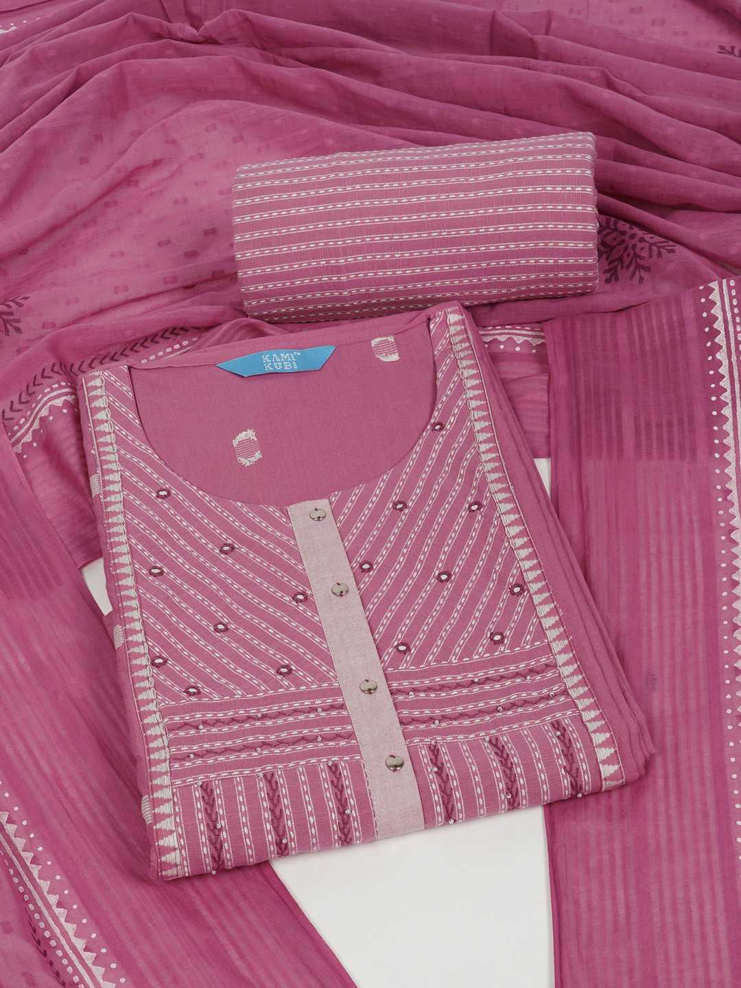 3-piece suit set featuring a dobby butti top with delicate handwork and striped yoke.(Pink)