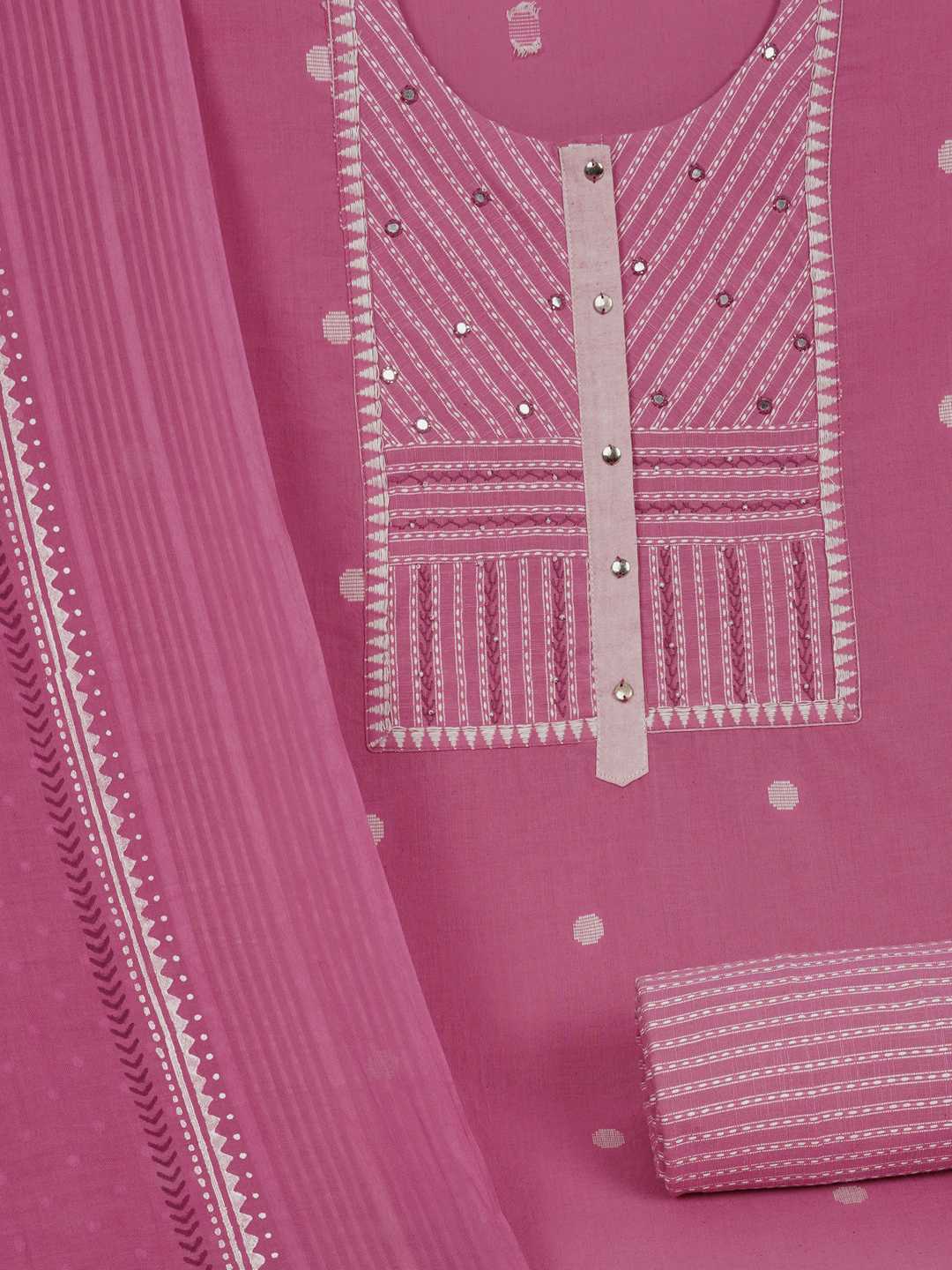 3-piece unstitched suit set featuring a dobby butti top with delicate handwork and striped yoke.(Pink)