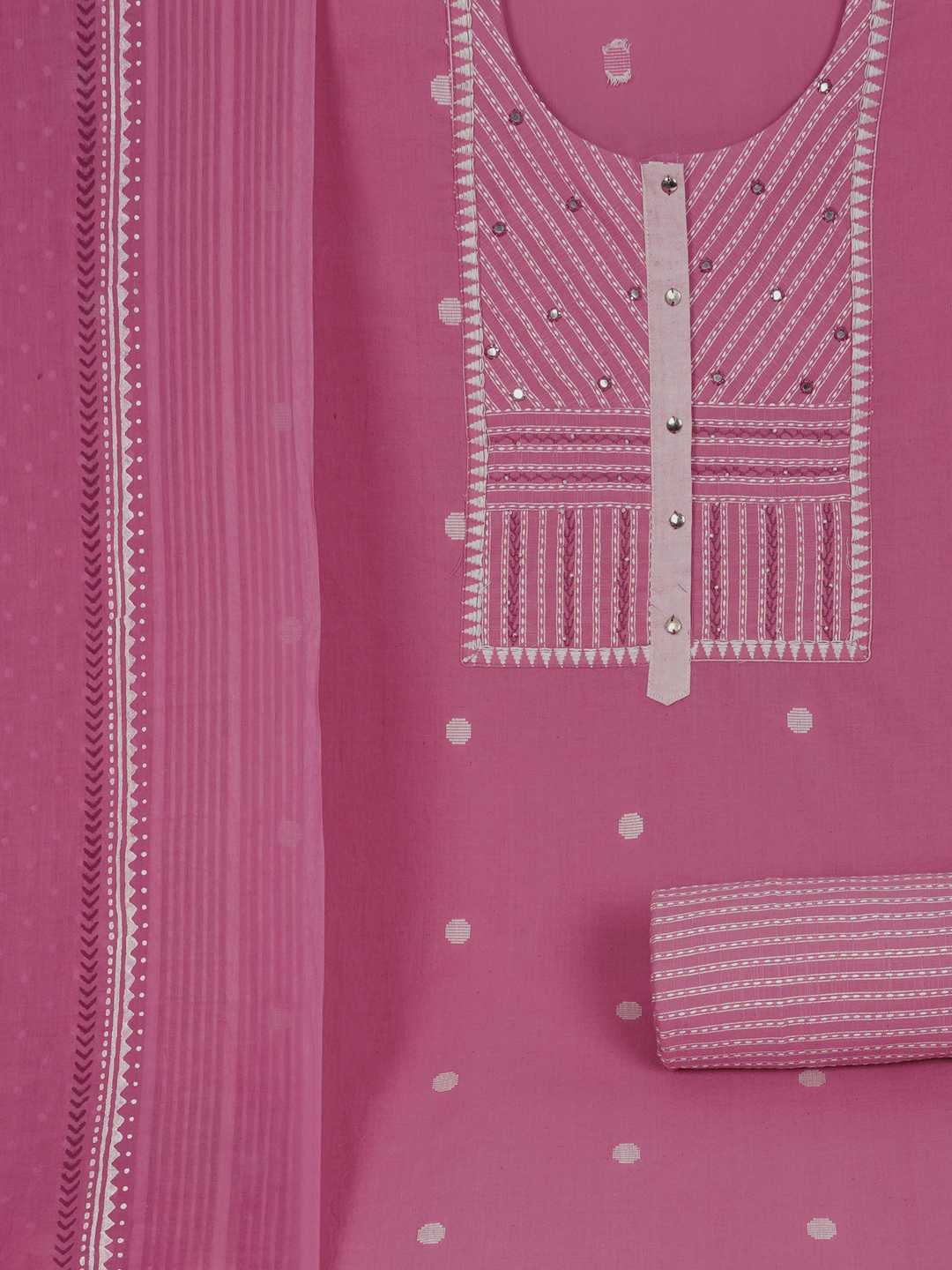 3-piece unstitched suit set featuring a dobby butti top with delicate handwork and striped yoke.(Pink)