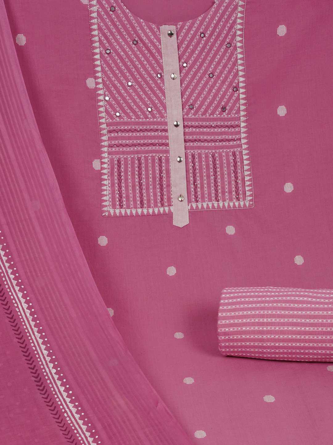 3-piece unstitched suit set featuring a dobby butti top with delicate handwork and striped yoke.(Pink)