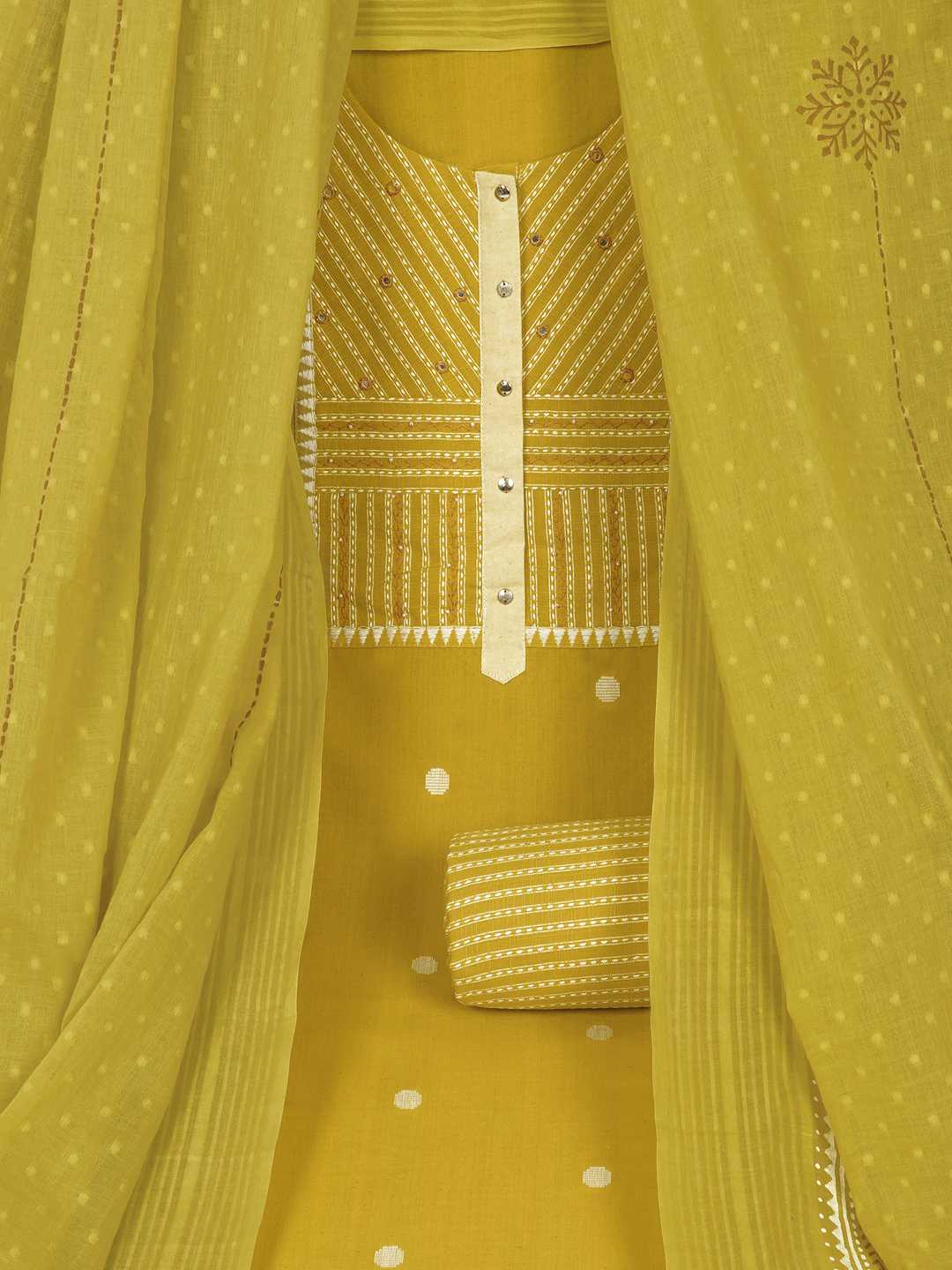 3-piece suit set featuring a dobby butti top with delicate handwork and striped yoke.(Yellow)