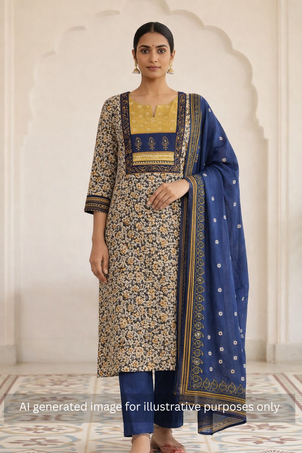 Kalamkari Printed Dress Material enhanced with lace detailing and handwork.(Yellow)
