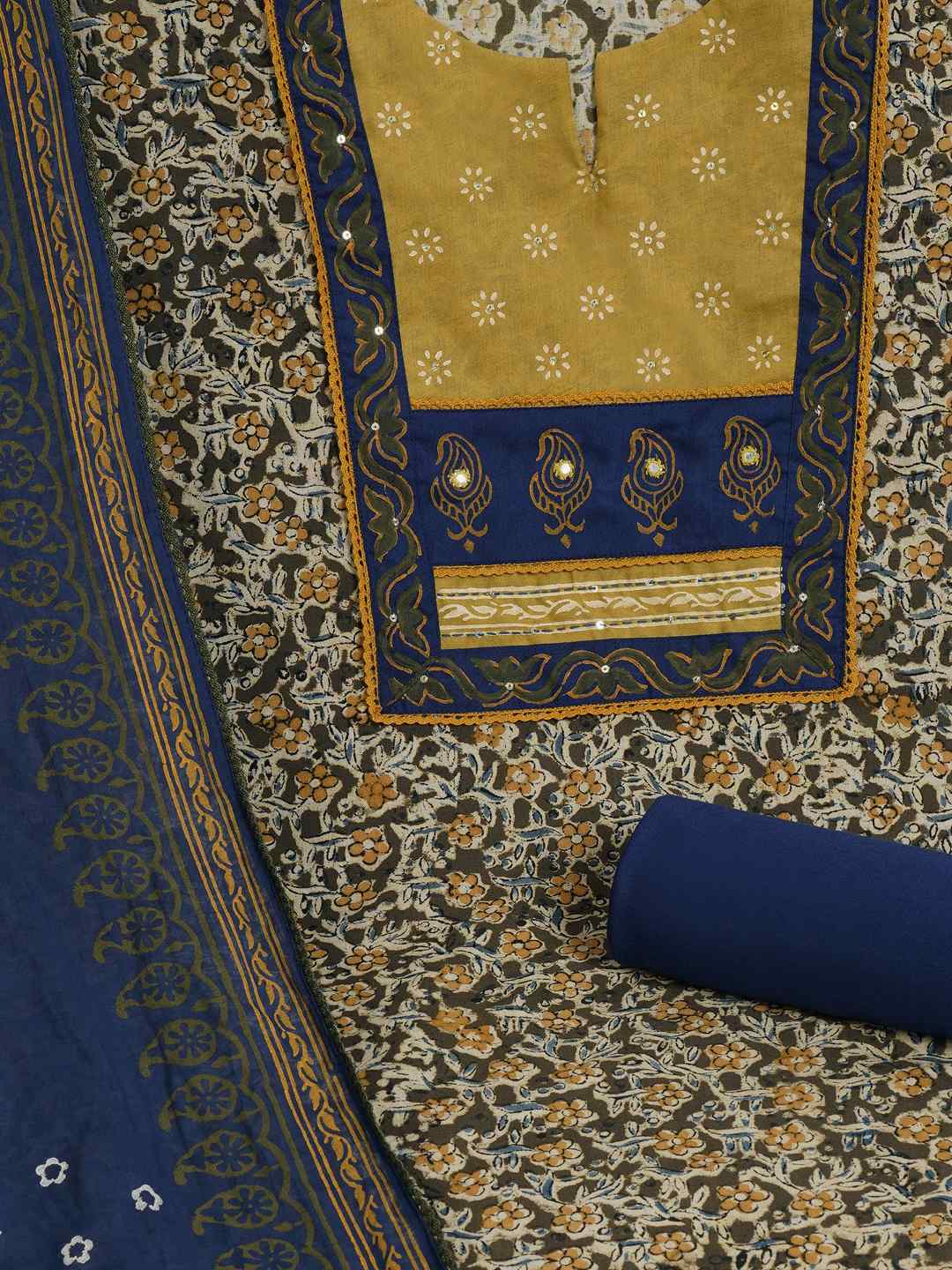 Kalamkari Printed Dress Material enhanced with lace detailing and handwork.(Yellow)