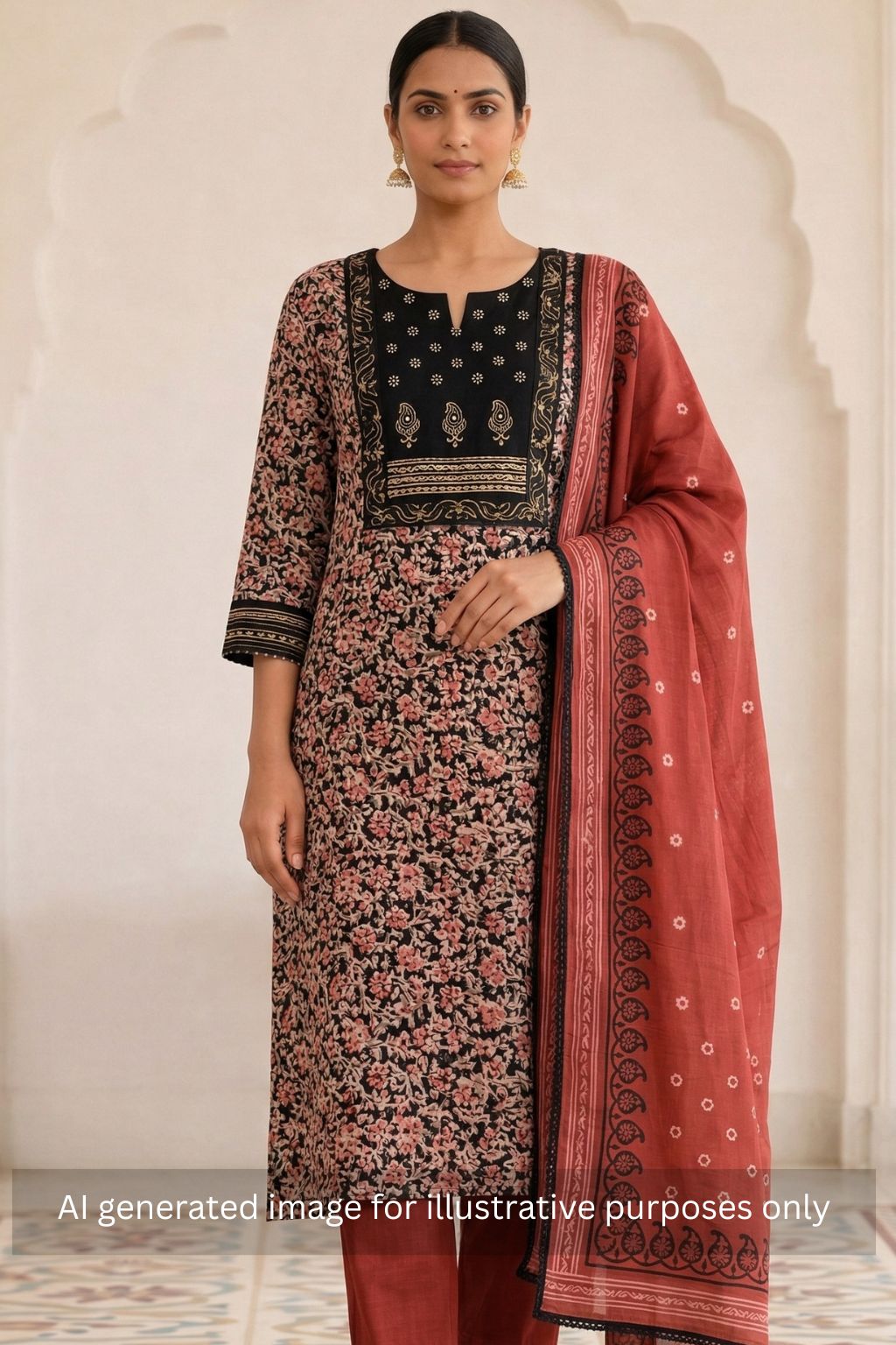 Kalamkari Printed Dress Material enhanced with lace detailing and handwork.(Black)