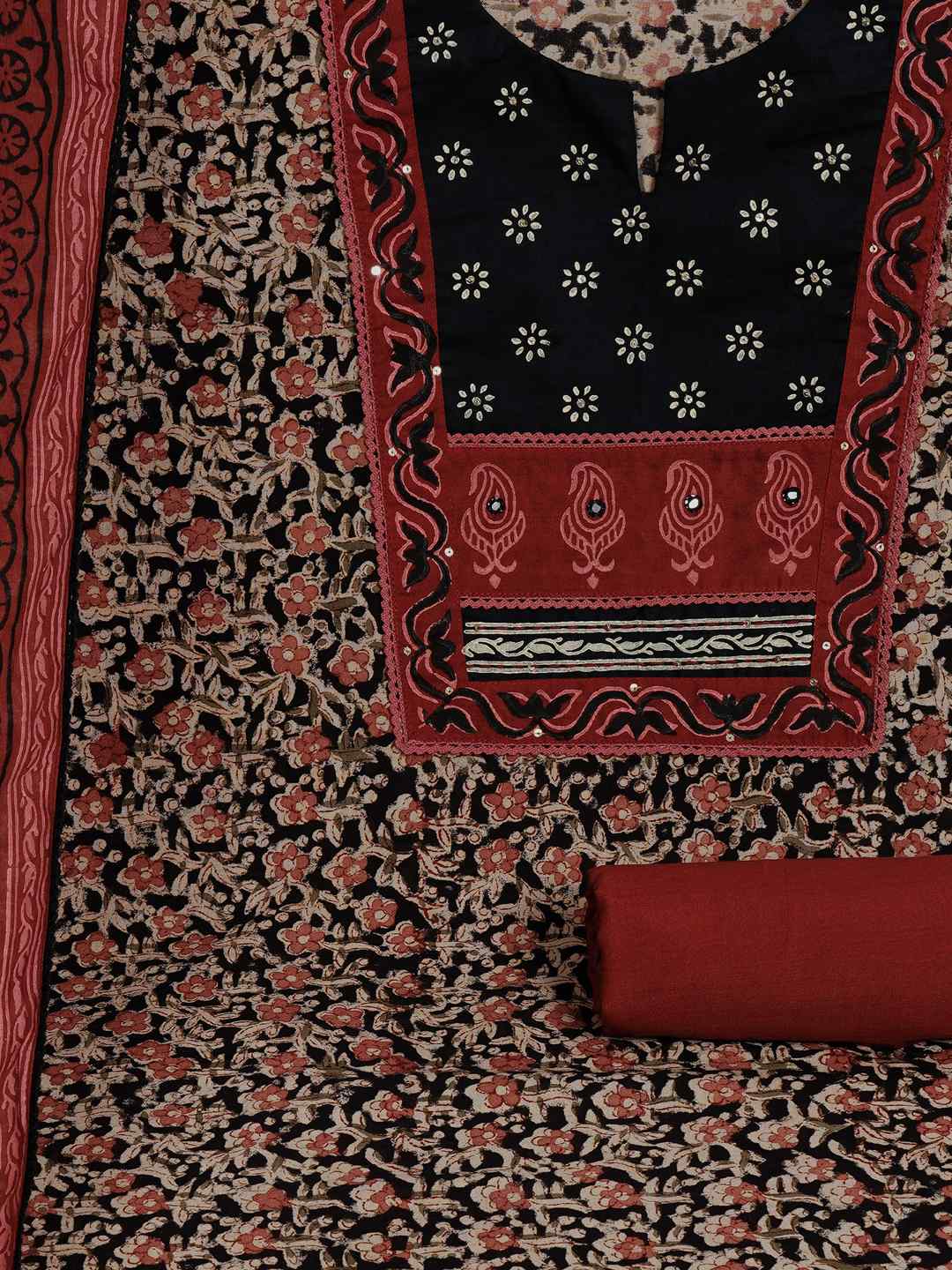 Kalamkari Printed Dress Material enhanced with lace detailing and handwork.(Black)
