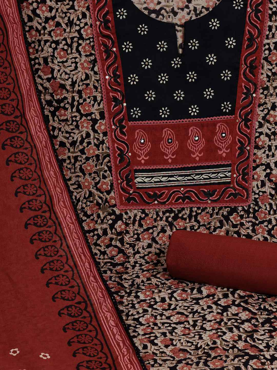 Kalamkari Printed Dress Material enhanced with lace detailing and handwork.(Black)