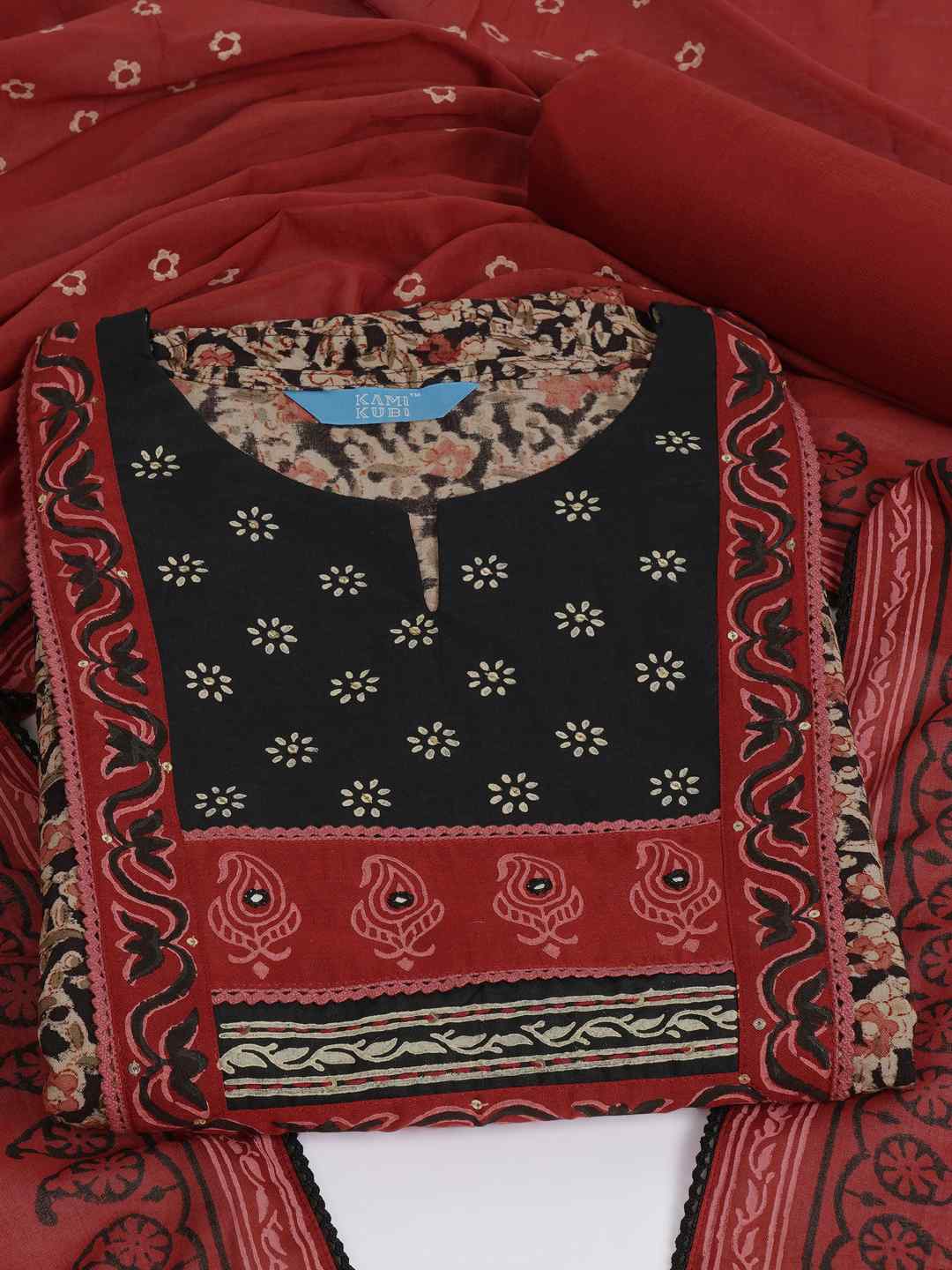 Kalamkari Printed Dress Material enhanced with lace detailing and handwork.(Black)