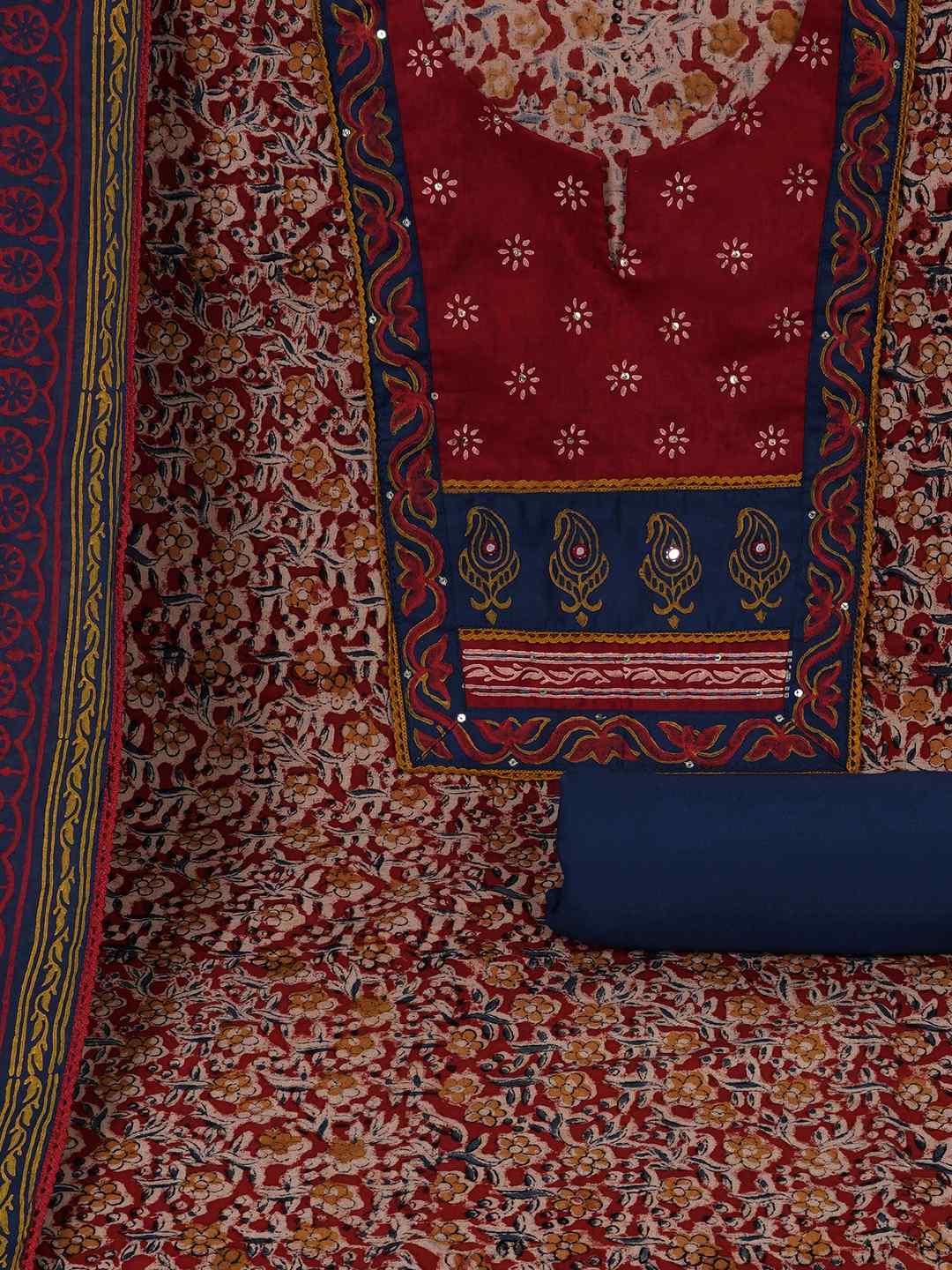 Kalamkari Printed Dress Material enhanced with lace detailing and handwork.(Maroon)