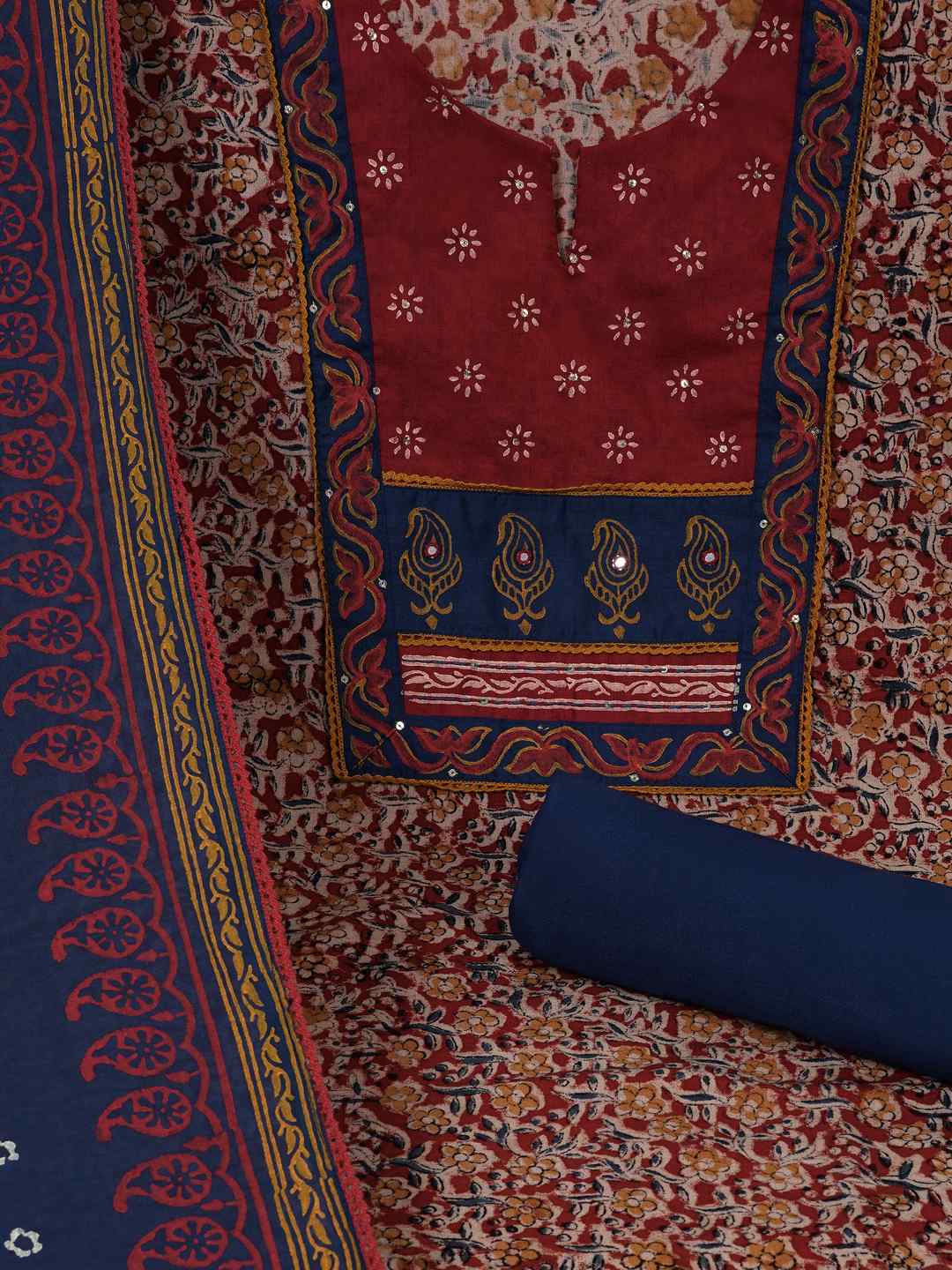 Kalamkari Printed Dress Material enhanced with lace detailing and handwork.(Maroon)