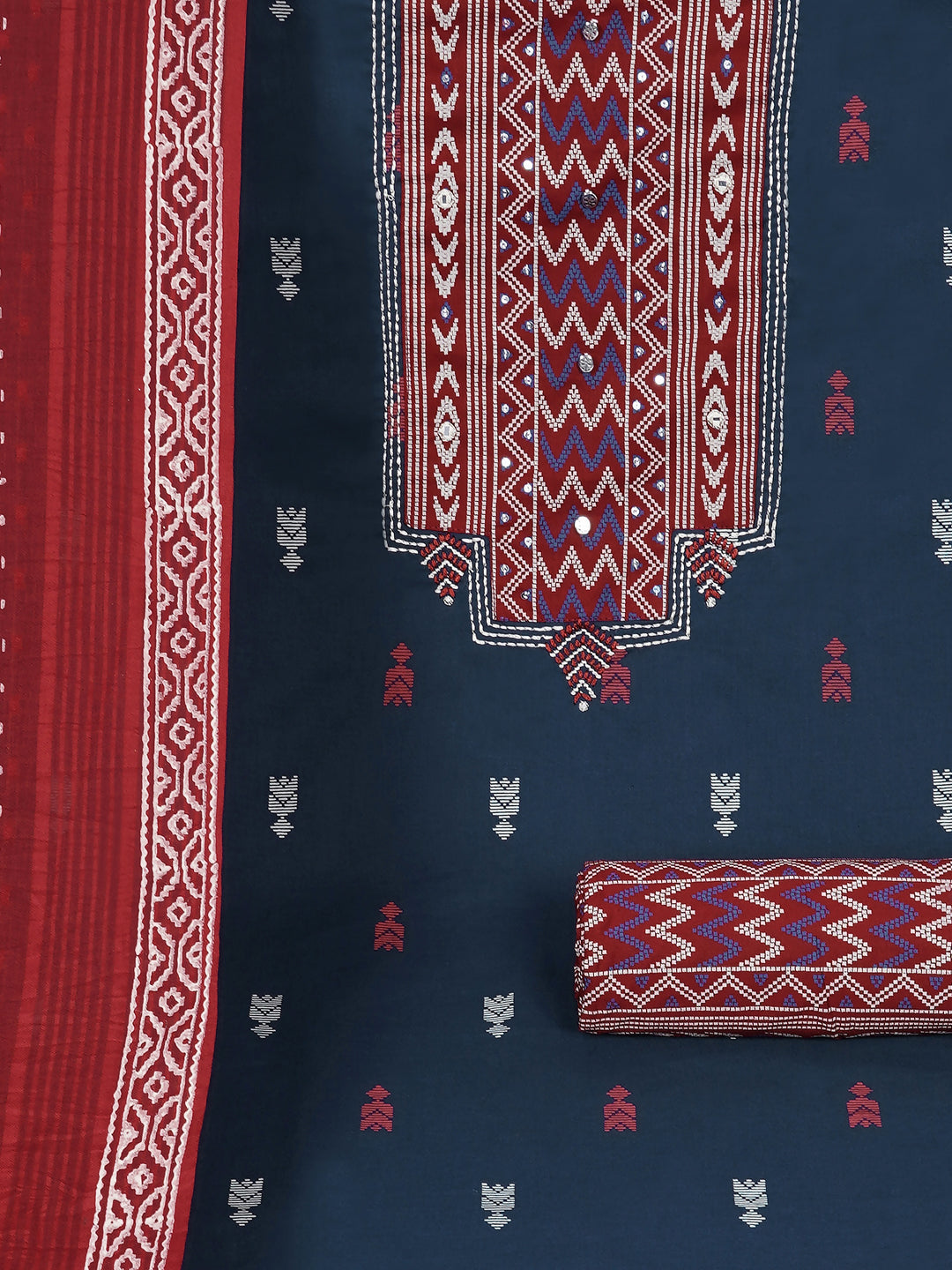 3-piece unstitched suit set featuring a butti-printed kurta with coordinated yoke detailing.