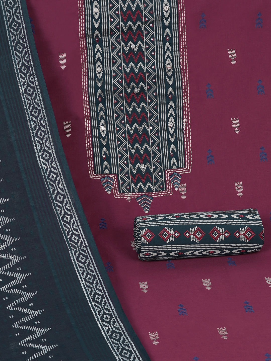 3-piece unstitched suit set featuring a butti-printed kurta with coordinated yoke detailing.