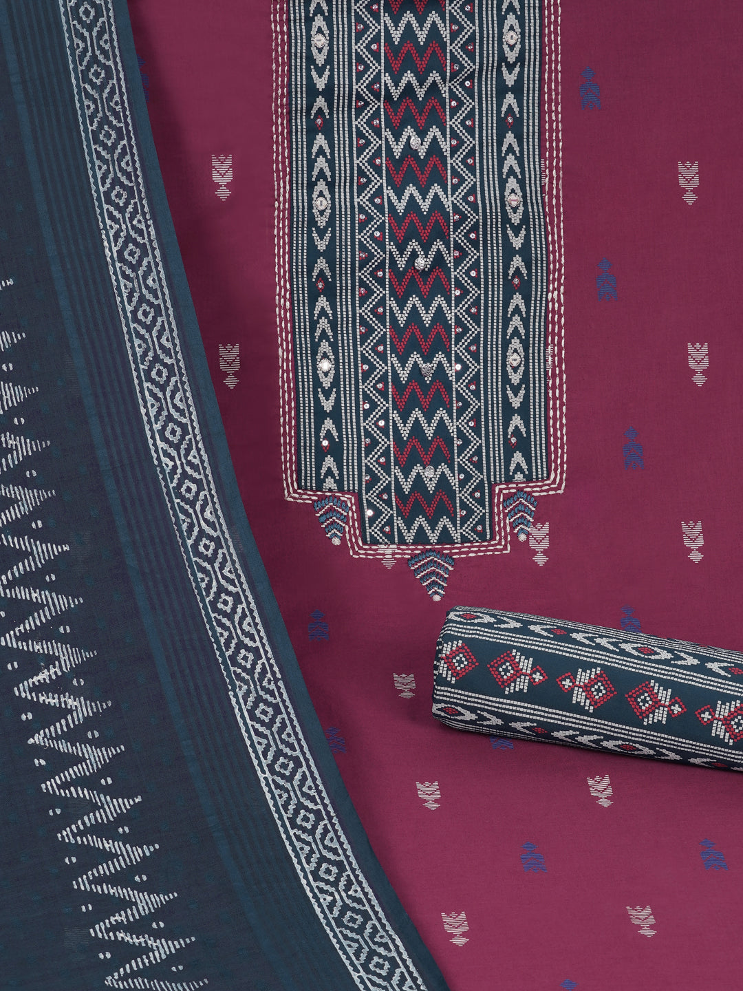 3-piece unstitched suit set featuring a butti-printed kurta with coordinated yoke detailing.