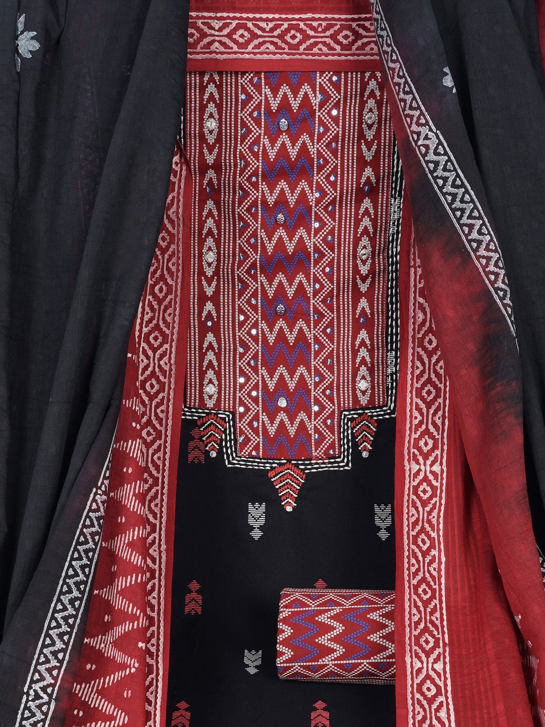 3-piece unstitched suit set featuring a butti-printed kurta with coordinated yoke detailing.