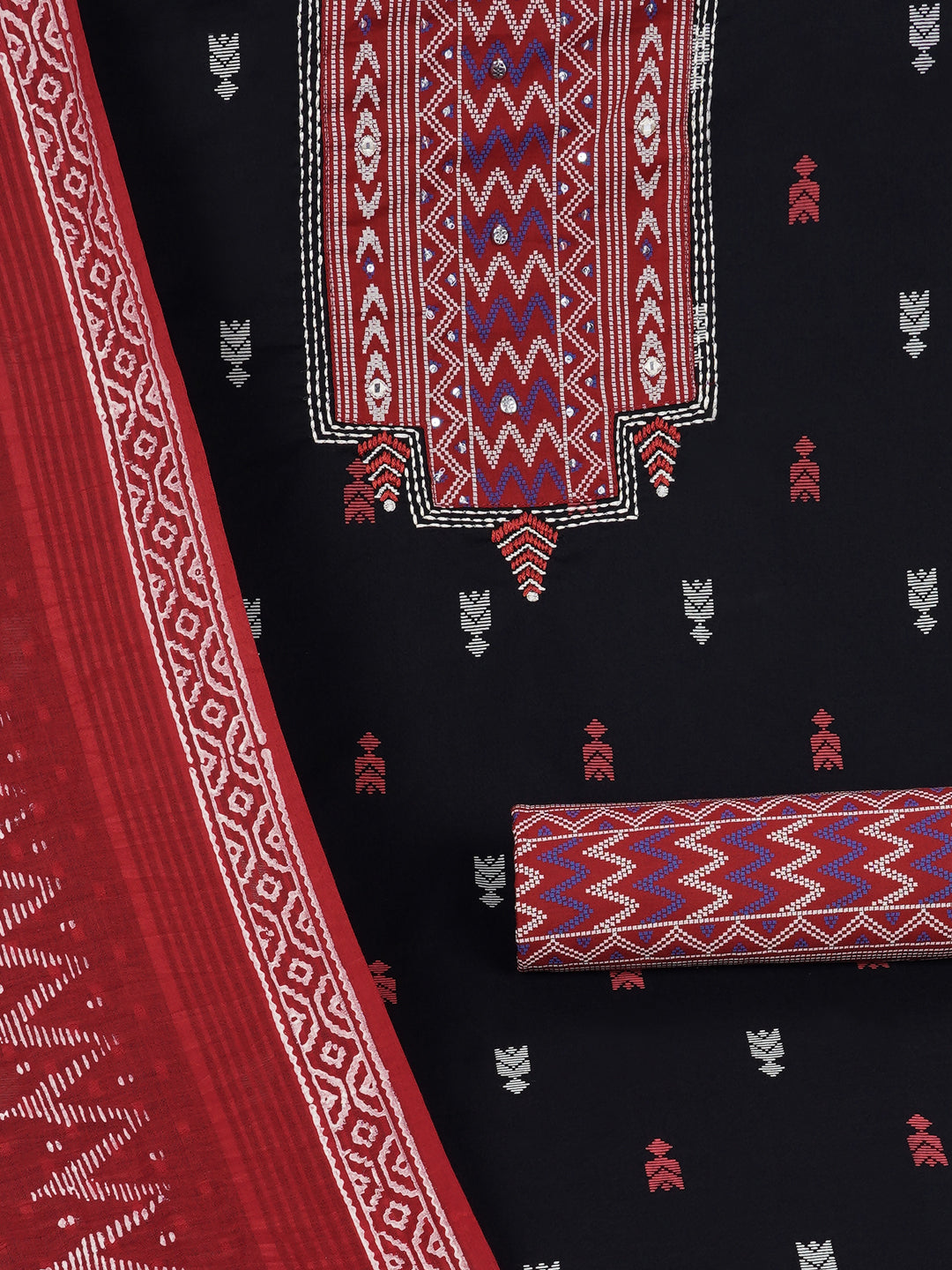 3-piece unstitched suit set featuring a butti-printed kurta with coordinated yoke detailing.