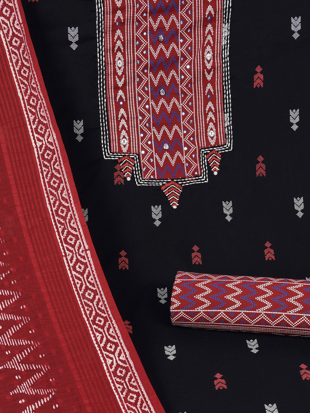 3-piece unstitched suit set featuring a butti-printed kurta with coordinated yoke detailing.