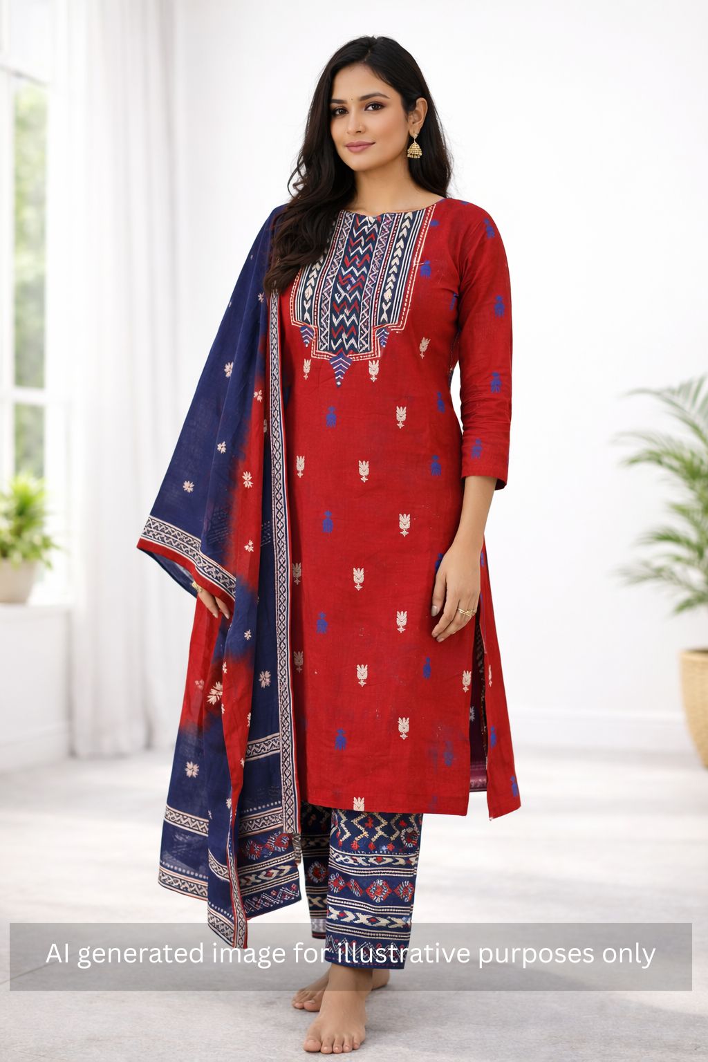 3-piece unstitched suit set featuring a butti-printed kurta with coordinated yoke detailing.
