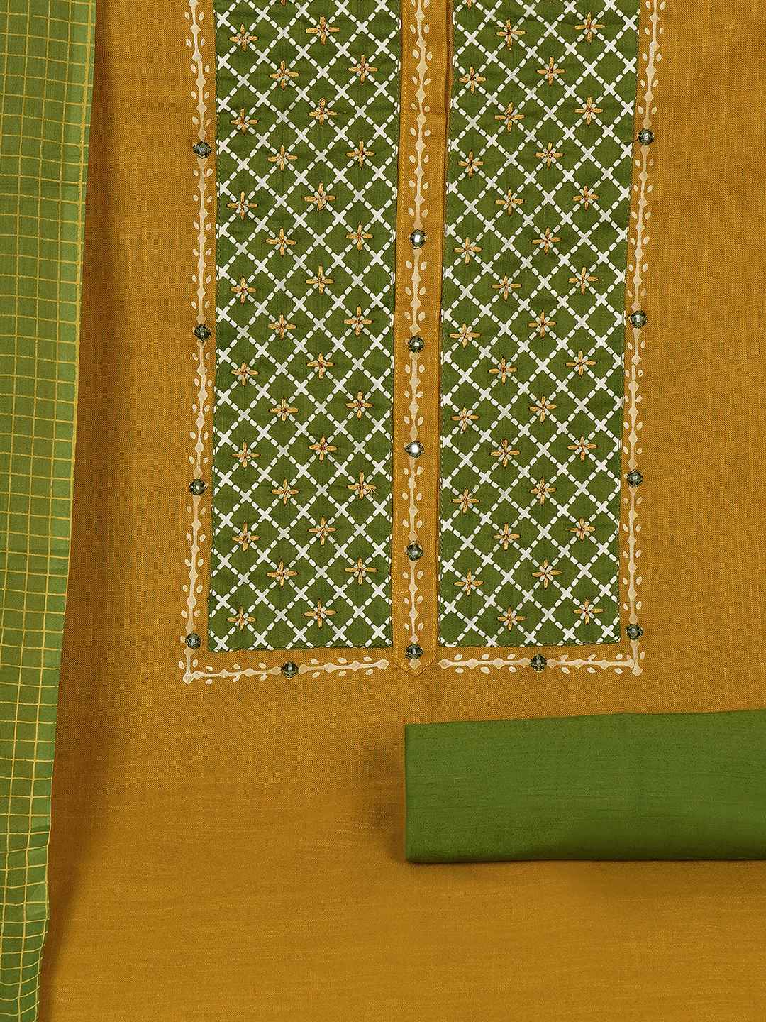 Geometric Printed Dress Material with block printed dupatta.(Mustard)