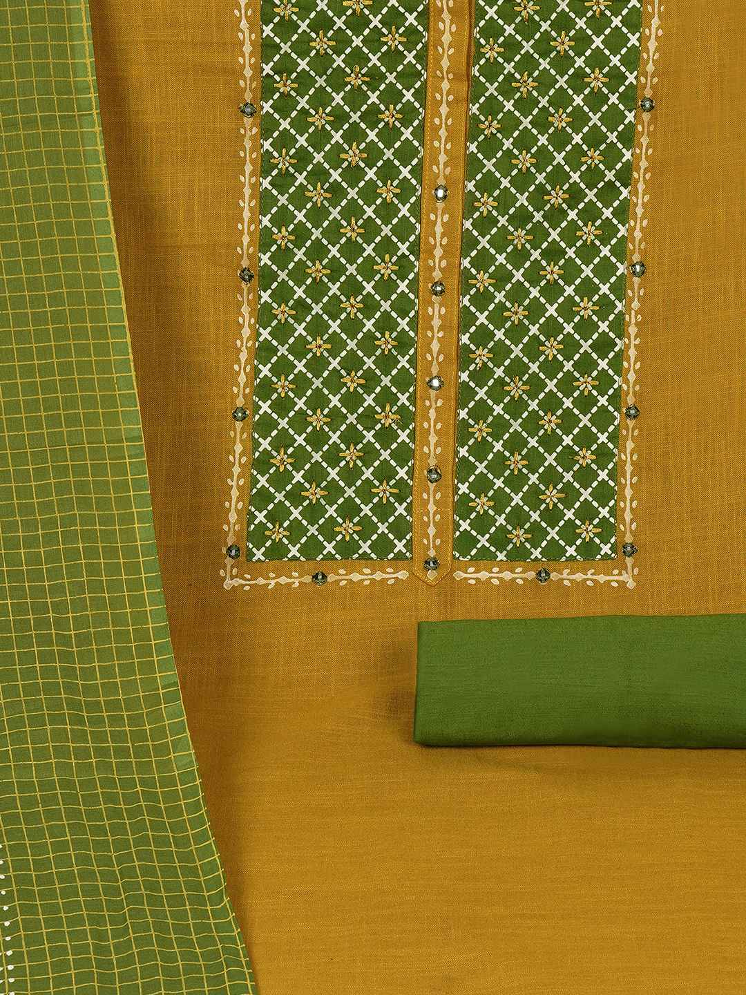 Geometric Printed Dress Material with block printed dupatta.(Mustard)