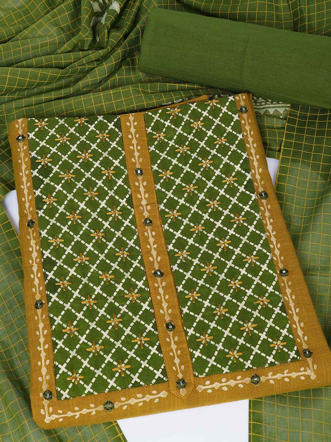 Geometric Printed Dress Material with block printed dupatta.(Mustard)