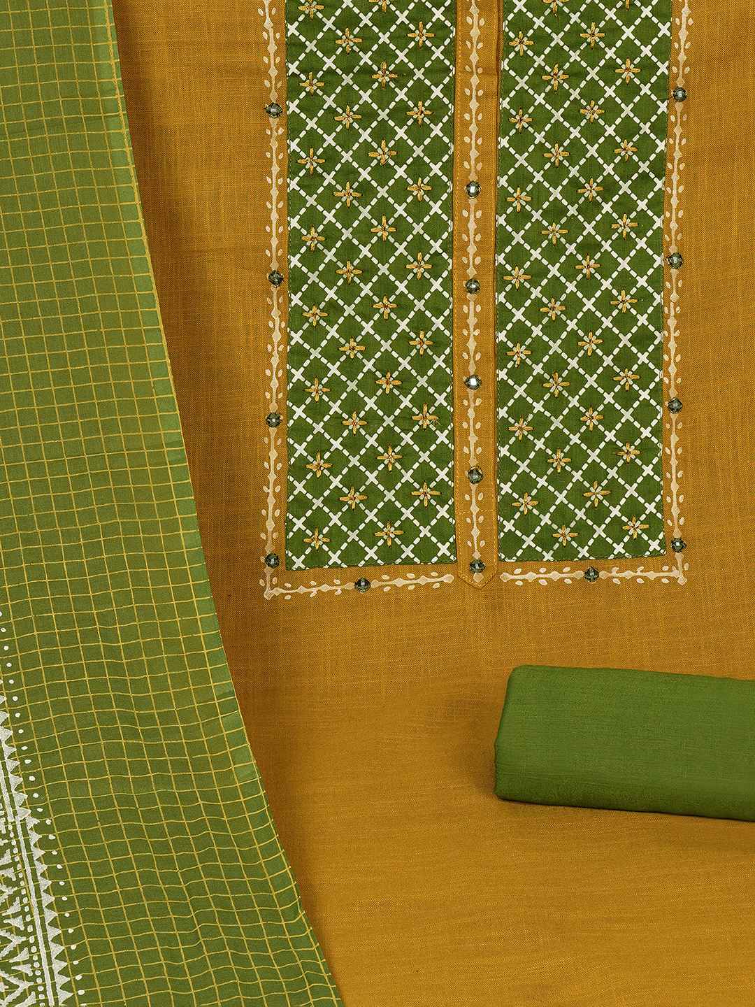 Geometric Printed Dress Material with block printed dupatta.(Mustard)