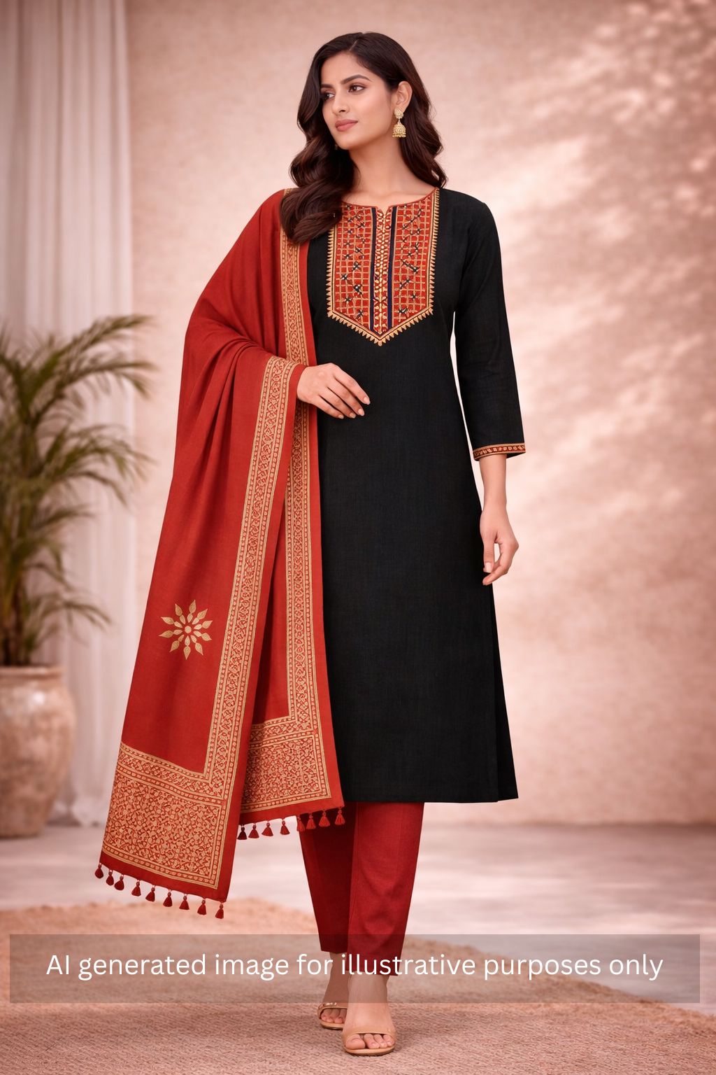 Handblock Printed Dress Material with a geometric patterned dupatta.(Black)
