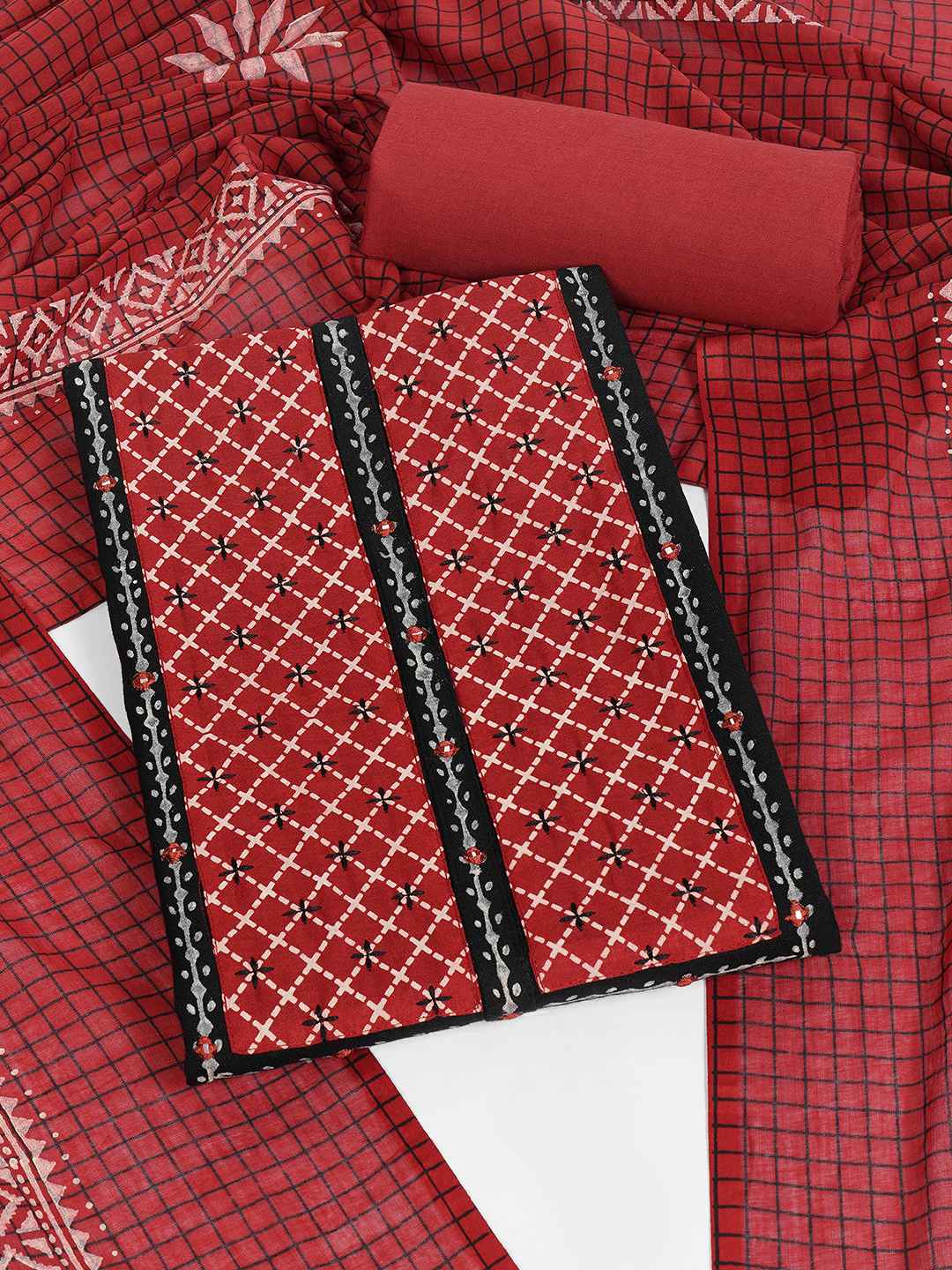 Geometric Printed Dress Material with block printed dupatta.(Black)