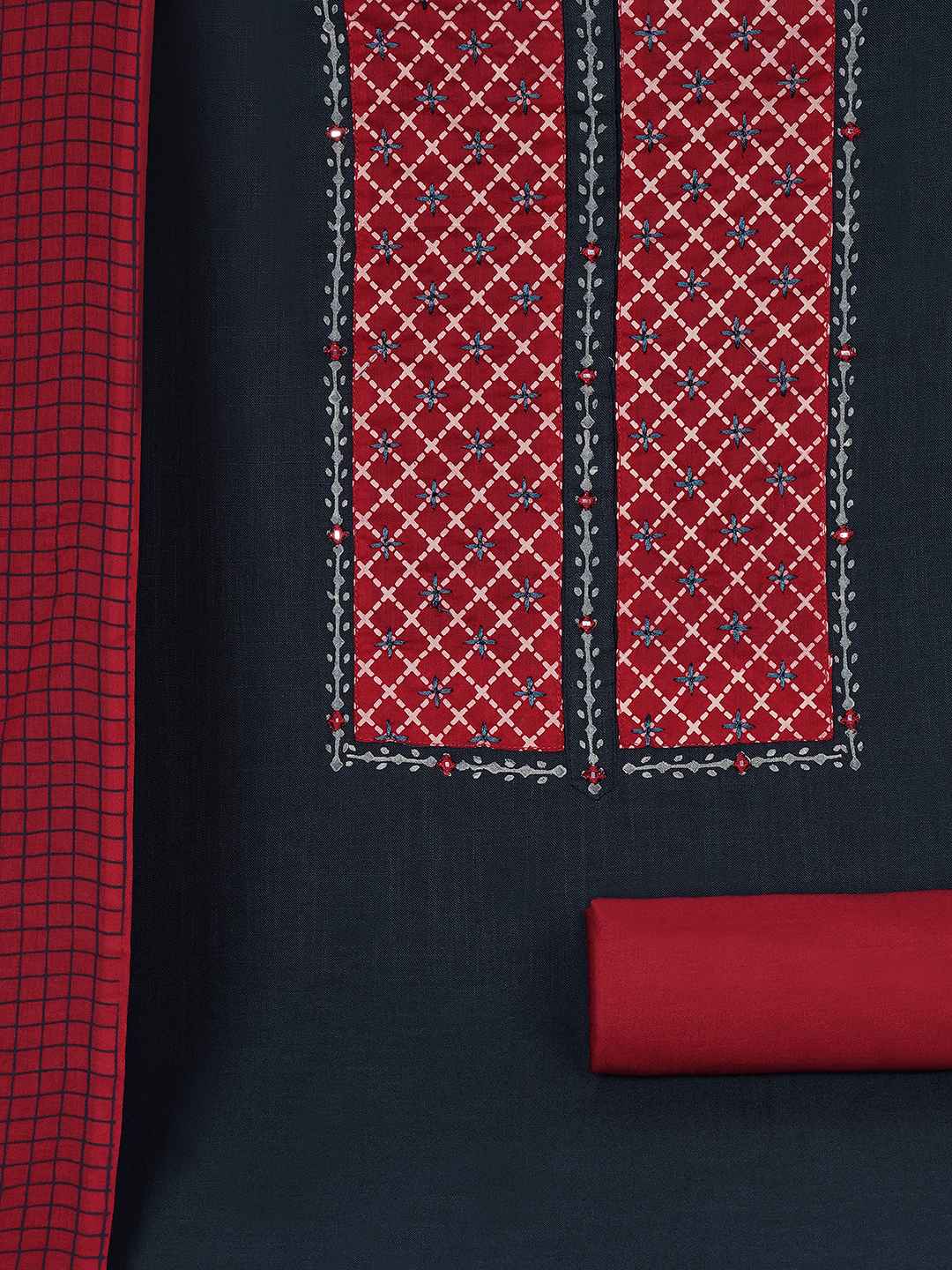 Geometric Printed Dress Material with block printed dupatta.(Blue)