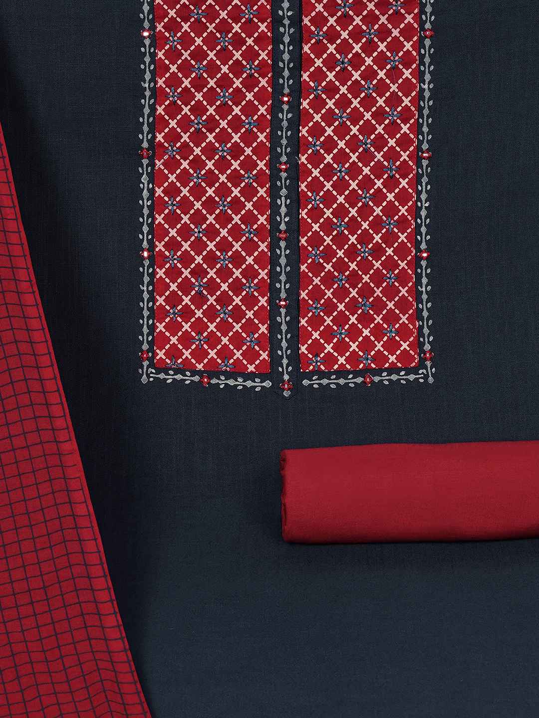 Geometric Printed Dress Material with block printed dupatta.(Blue)