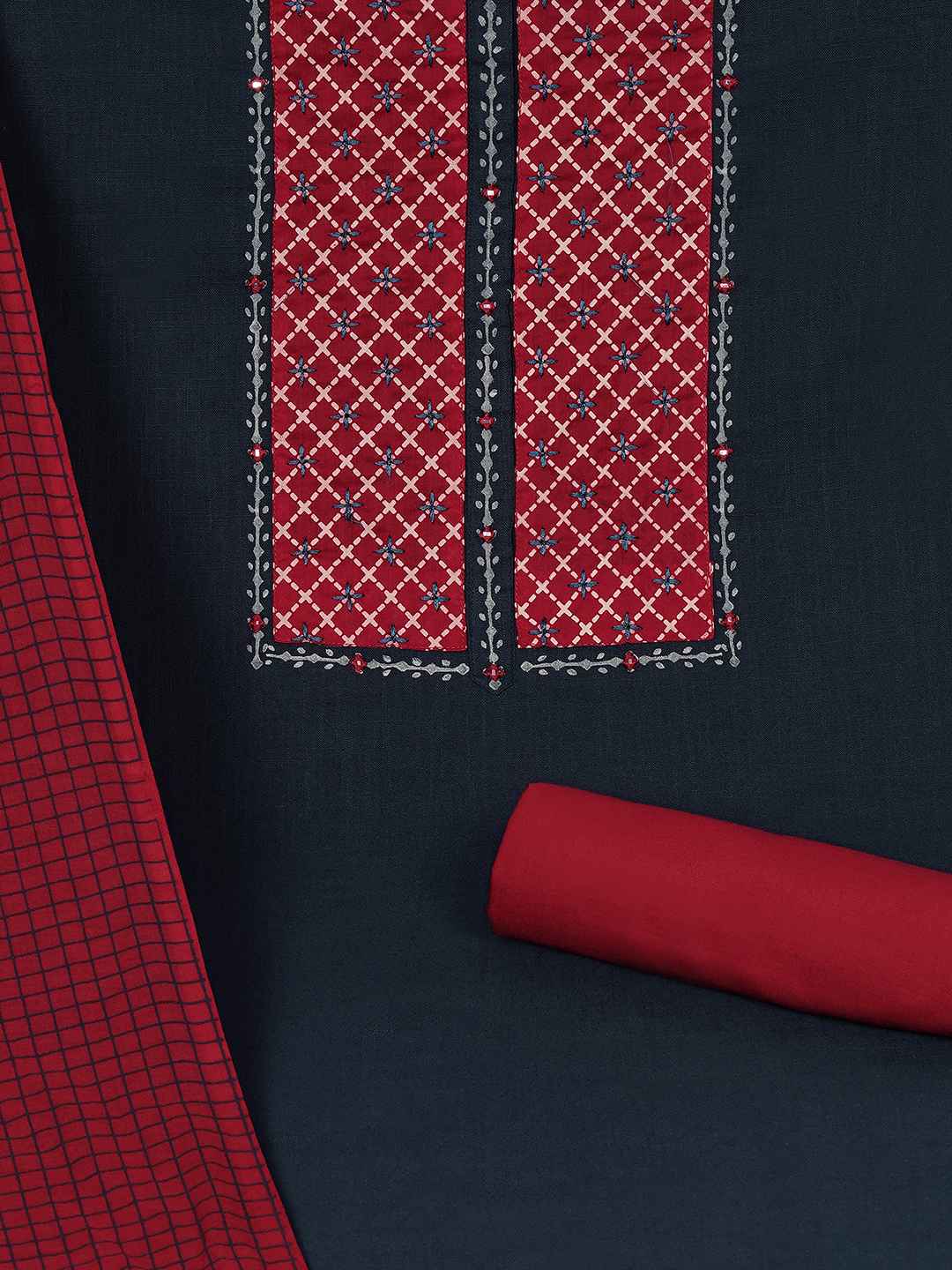 Geometric Printed Dress Material with block printed dupatta.(Blue)