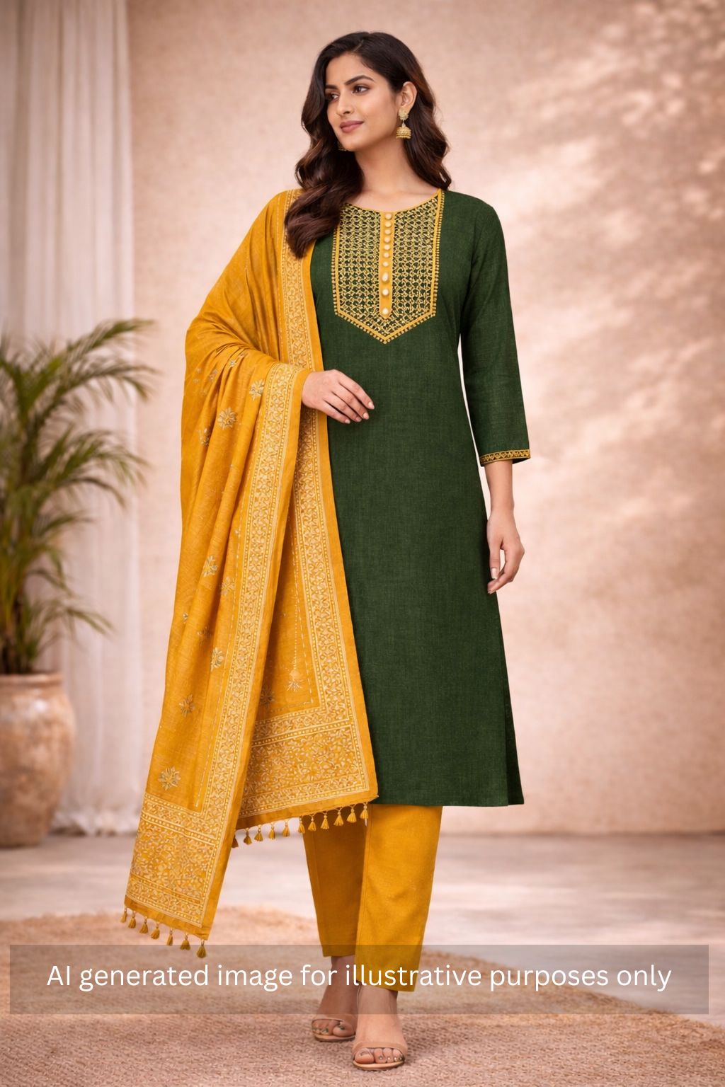 Handblock Printed Dress Material with a geometric patterned dupatta.(Green)