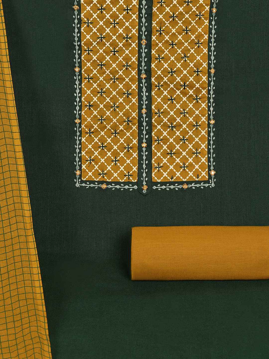 Geometric Printed Dress Material with block printed dupatta.(Green)