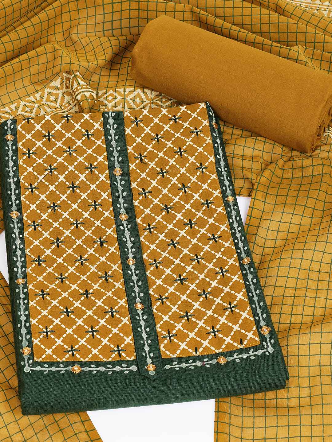 Geometric Printed Dress Material with block printed dupatta.(Green)