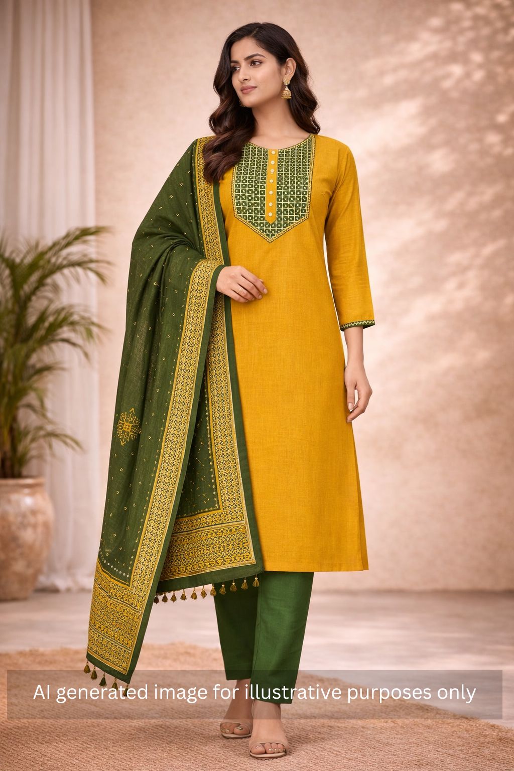 Handblock Printed Dress Material with a geometric patterned dupatta.(Mustard)