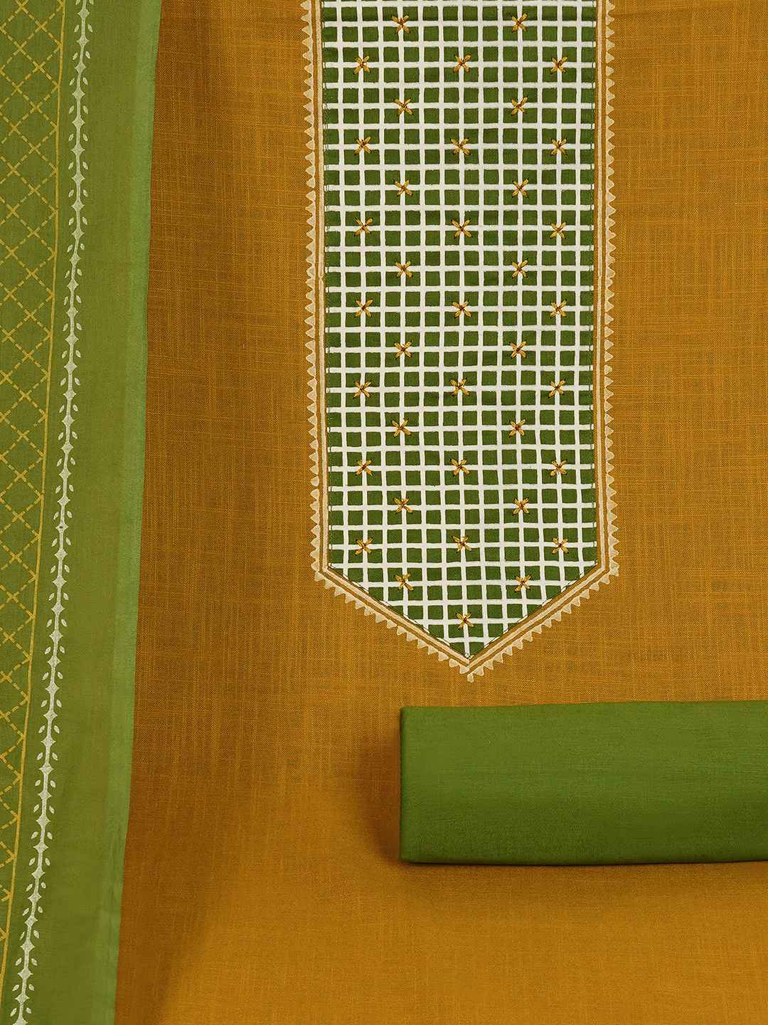 Handblock Printed Dress Material with a geometric patterned dupatta.(Mustard)