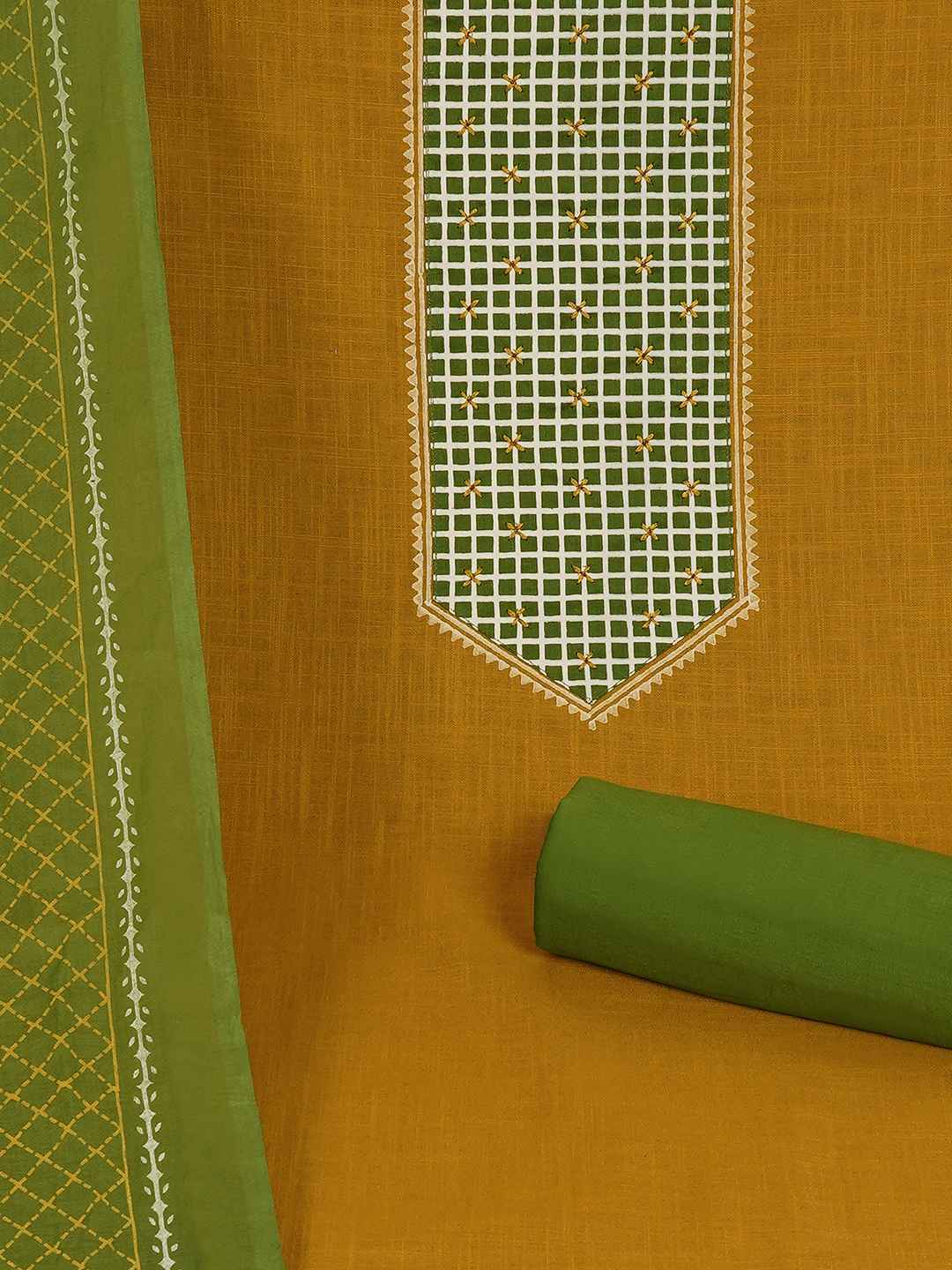 Handblock Printed Dress Material with a geometric patterned dupatta.(Mustard)