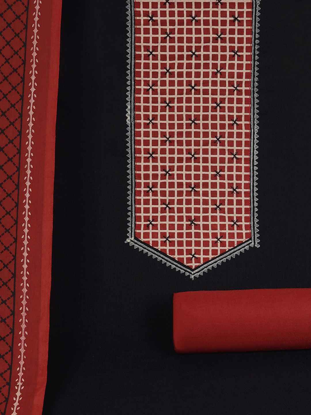 Handblock Printed Dress Material with a geometric patterned dupatta.(Black)