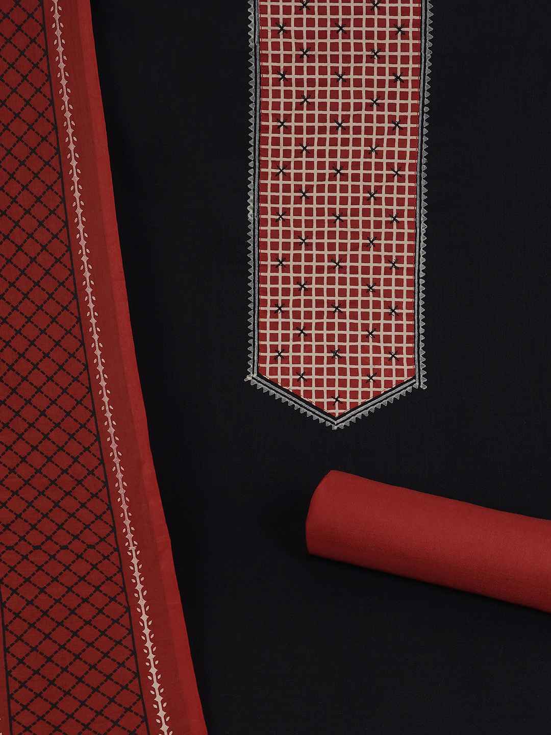 Handblock Printed Dress Material with a geometric patterned dupatta.(Black)