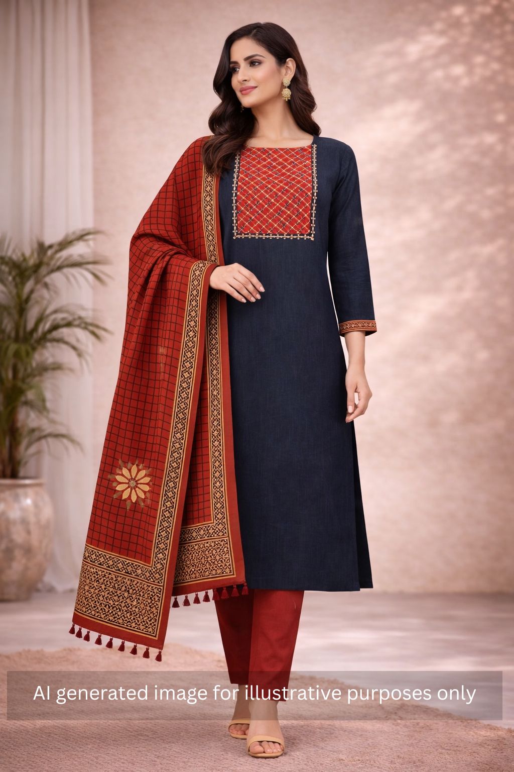 Geometric Printed Dress Material with block printed dupatta.(Blue)