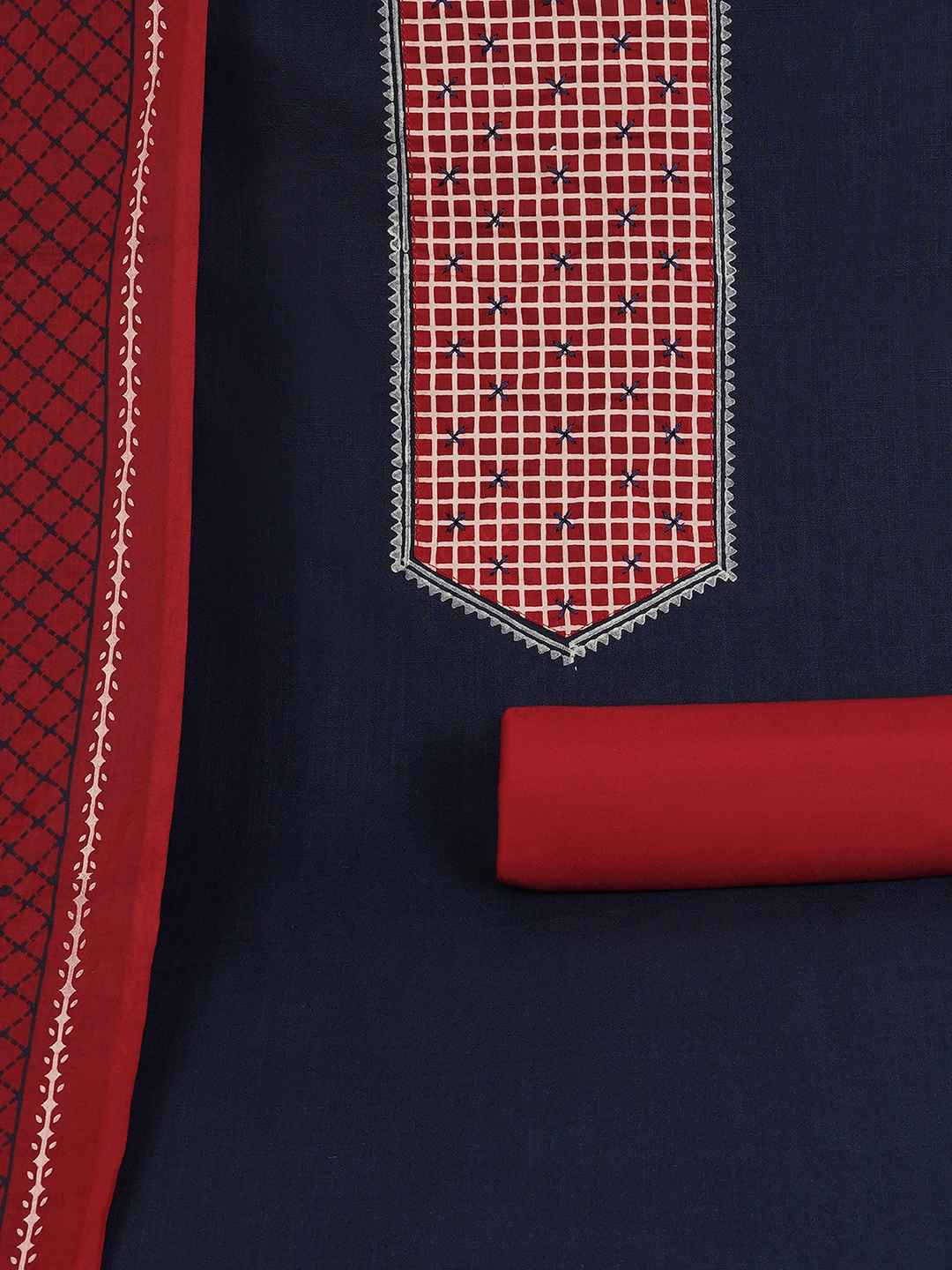 Handblock Printed Dress Material with a geometric patterned dupatta.(Blue)