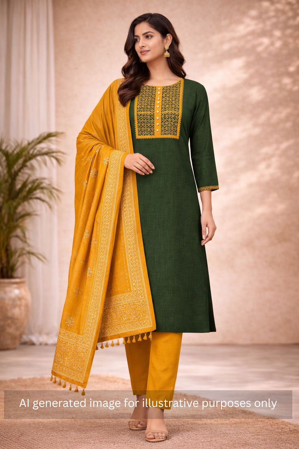 Geometric Printed Dress Material with block printed dupatta.(Green)