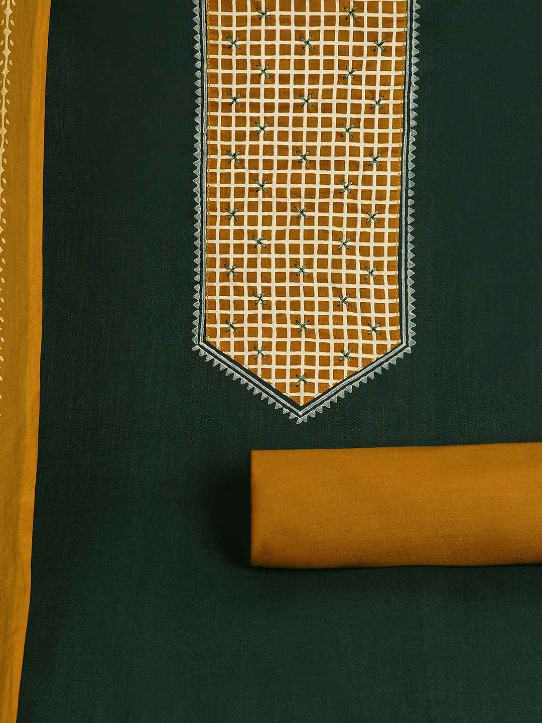 Handblock Printed Dress Material with a geometric patterned dupatta.(Green)