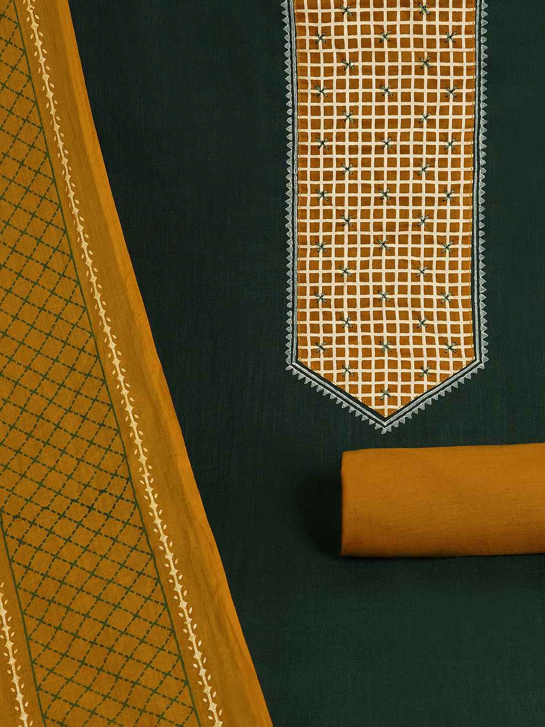 Handblock Printed Dress Material with a geometric patterned dupatta.(Green)